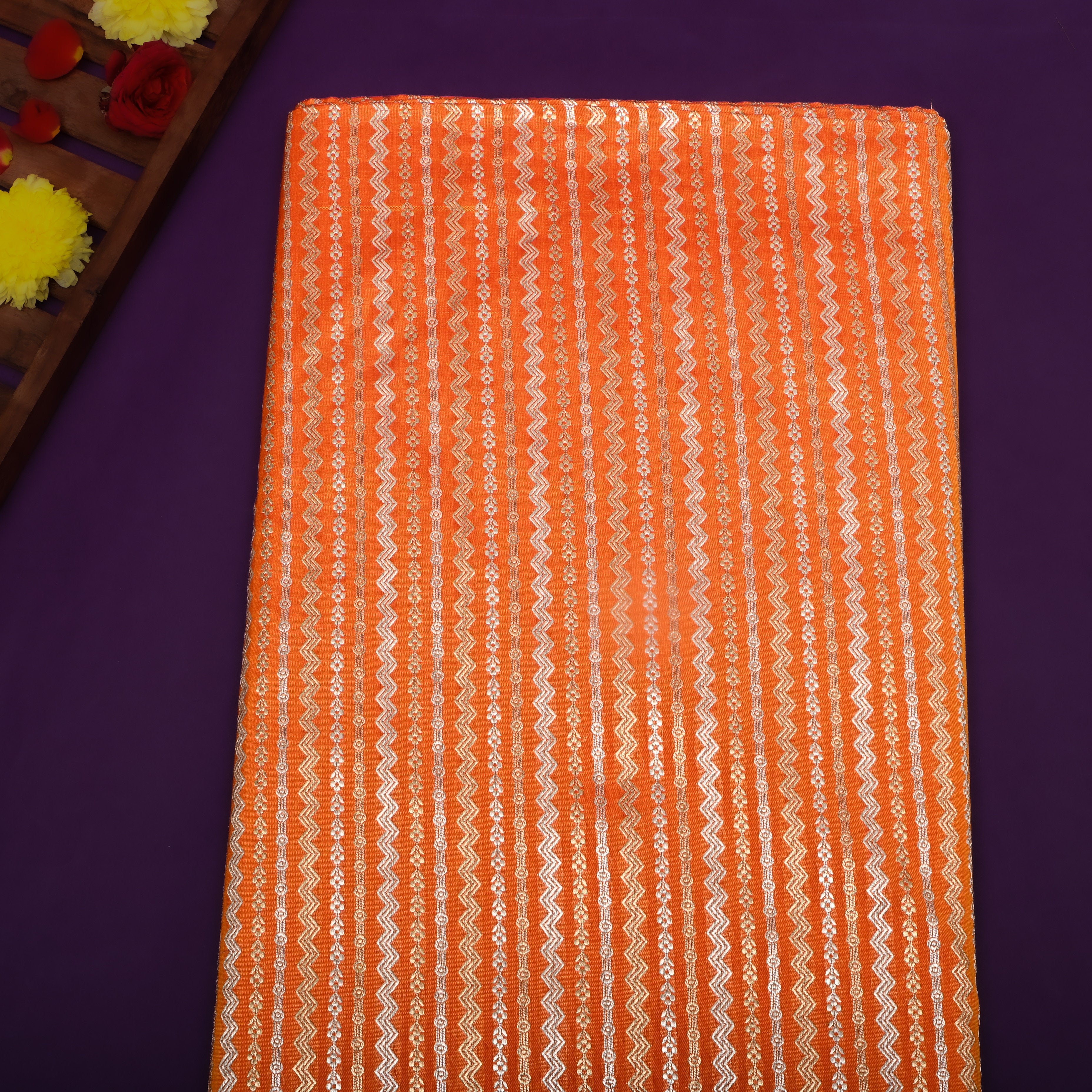 Bright Orange Dual Zari Woven Jamawar Silk Fabric