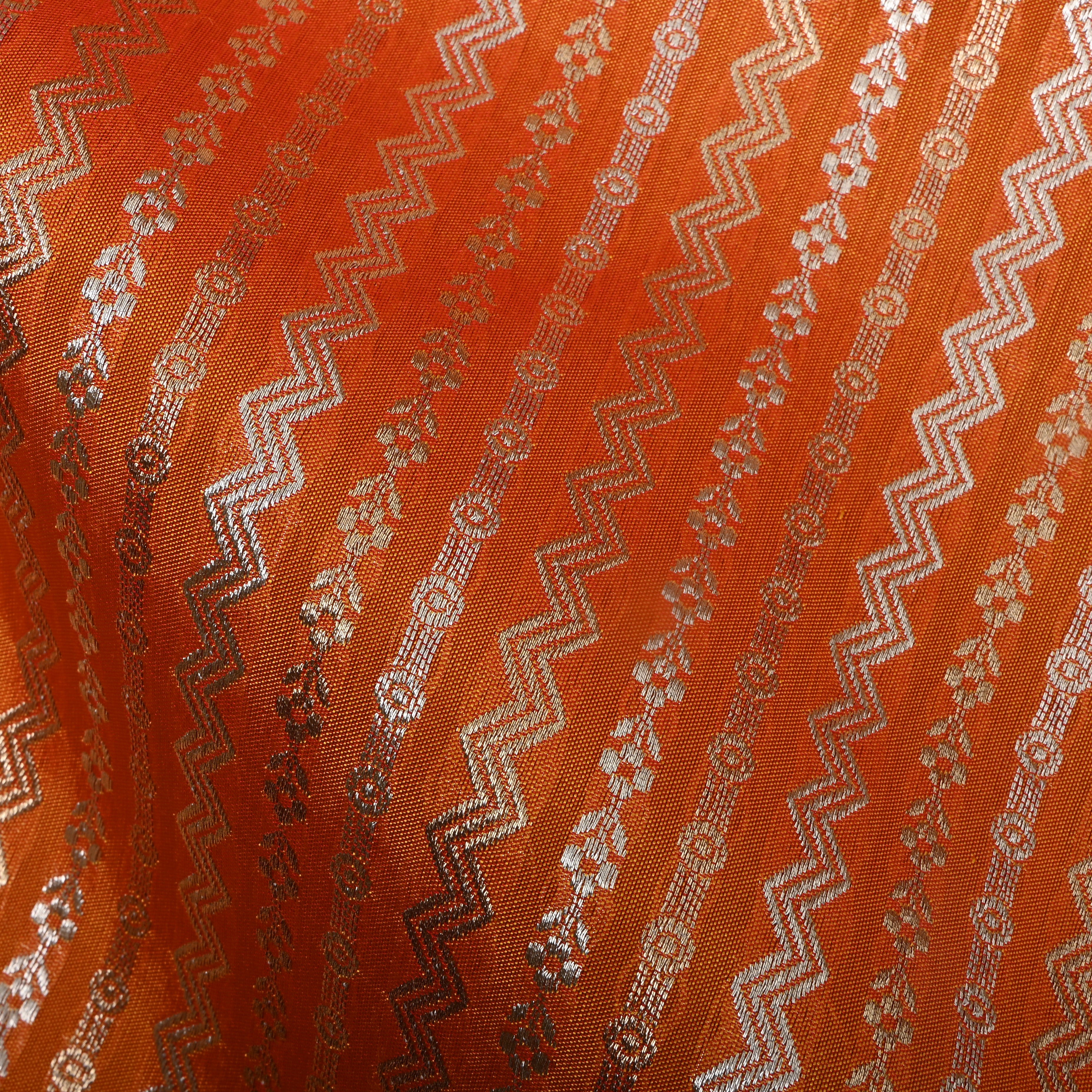 Bright Orange Dual Zari Woven Jamawar Silk Fabric