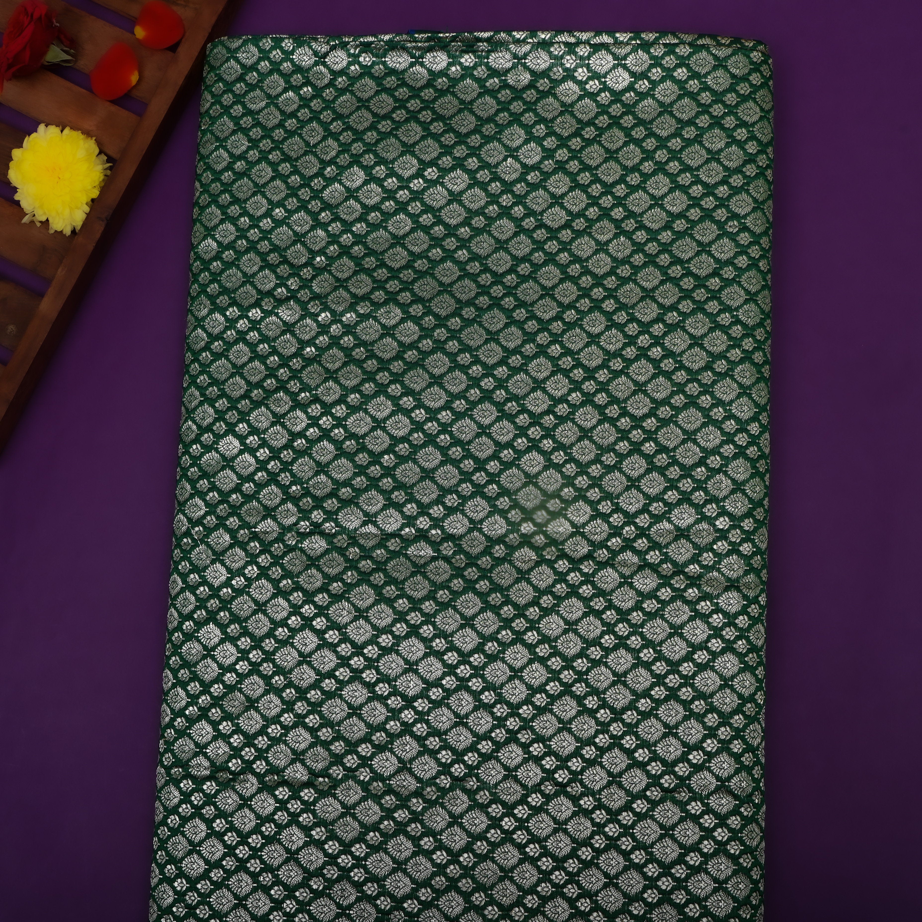 Dark Green Floral Jamawar Silk Fabric