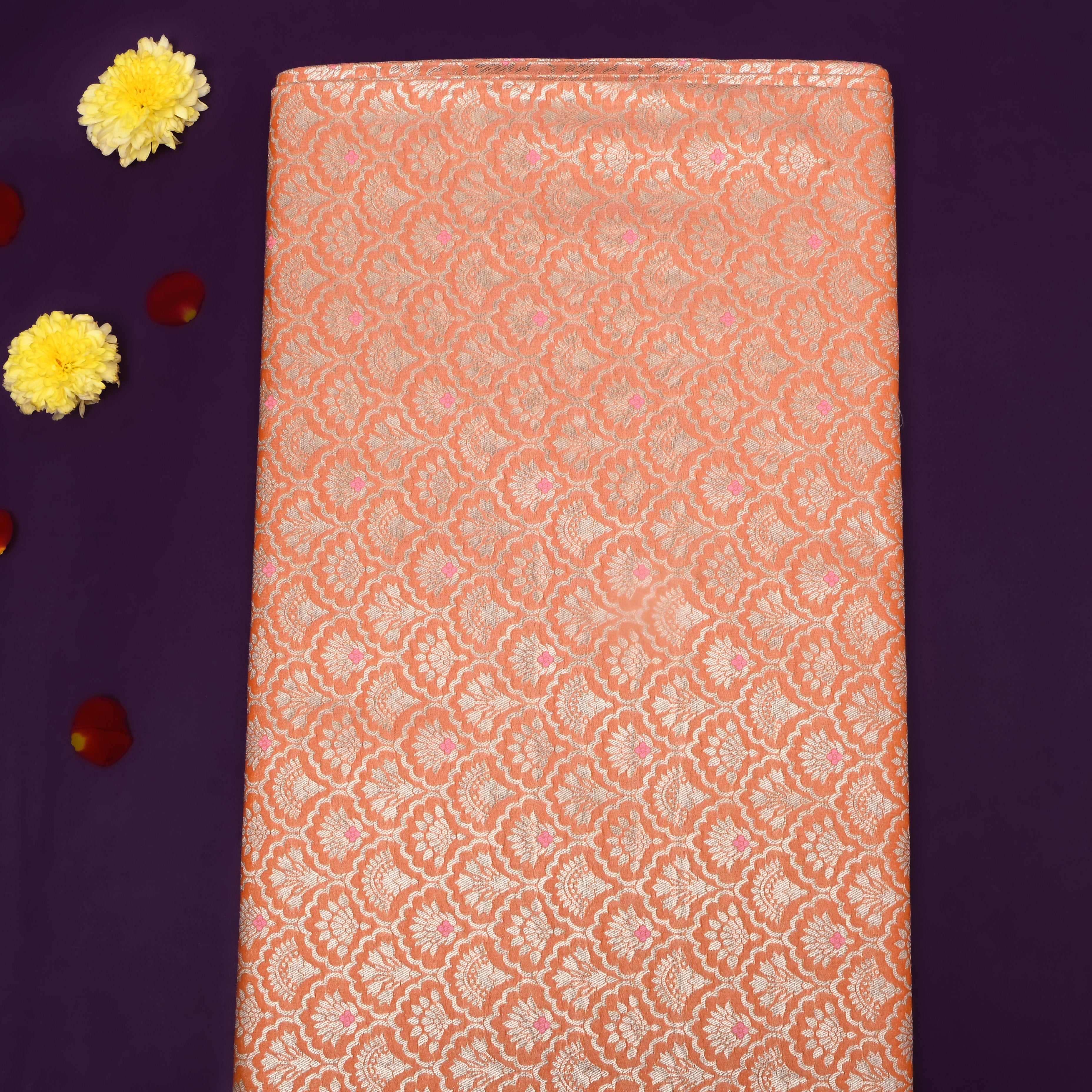 Soft Orange Jamawar Weave Floral Silk Fabric