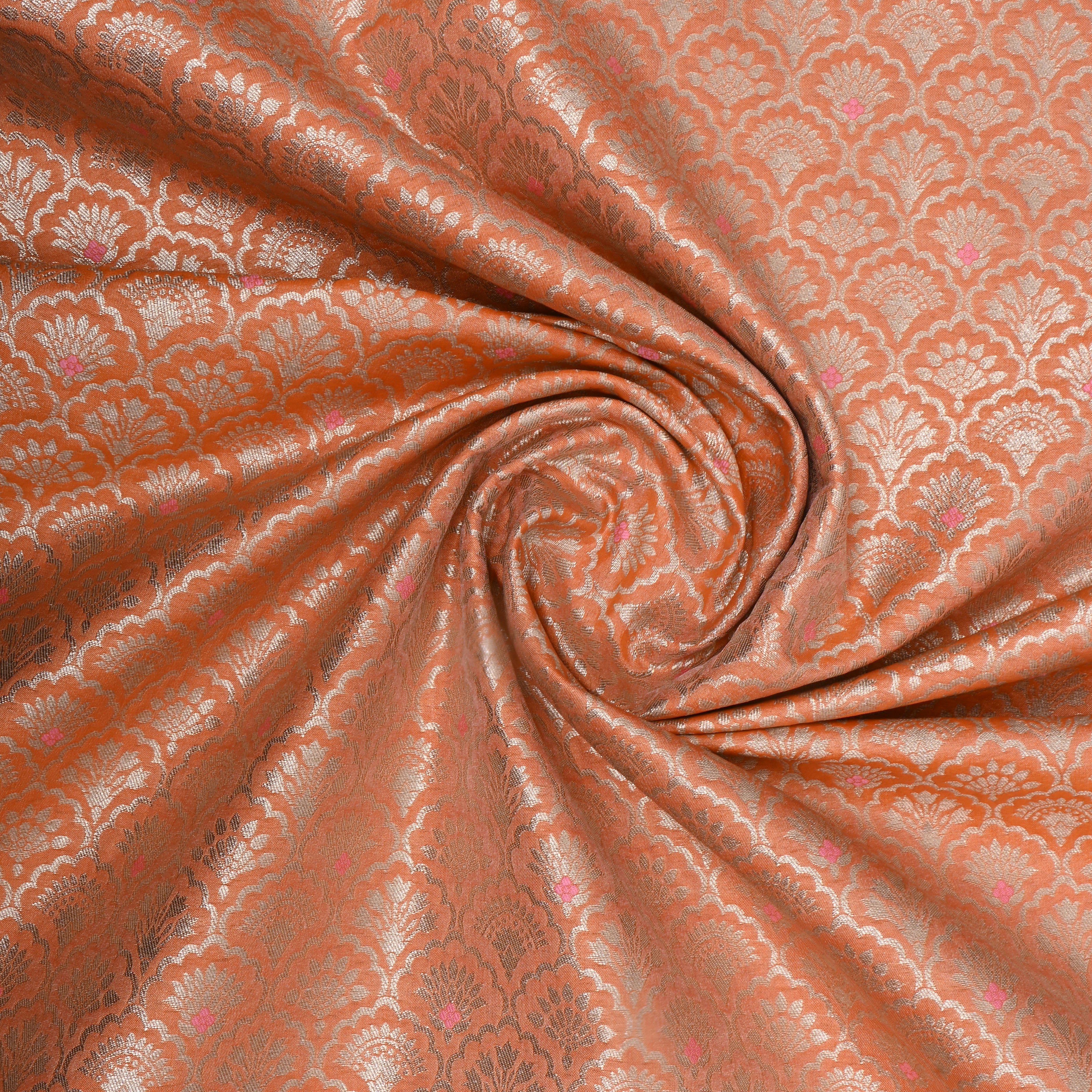 Soft Orange Jamawar Weave Floral Silk Fabric