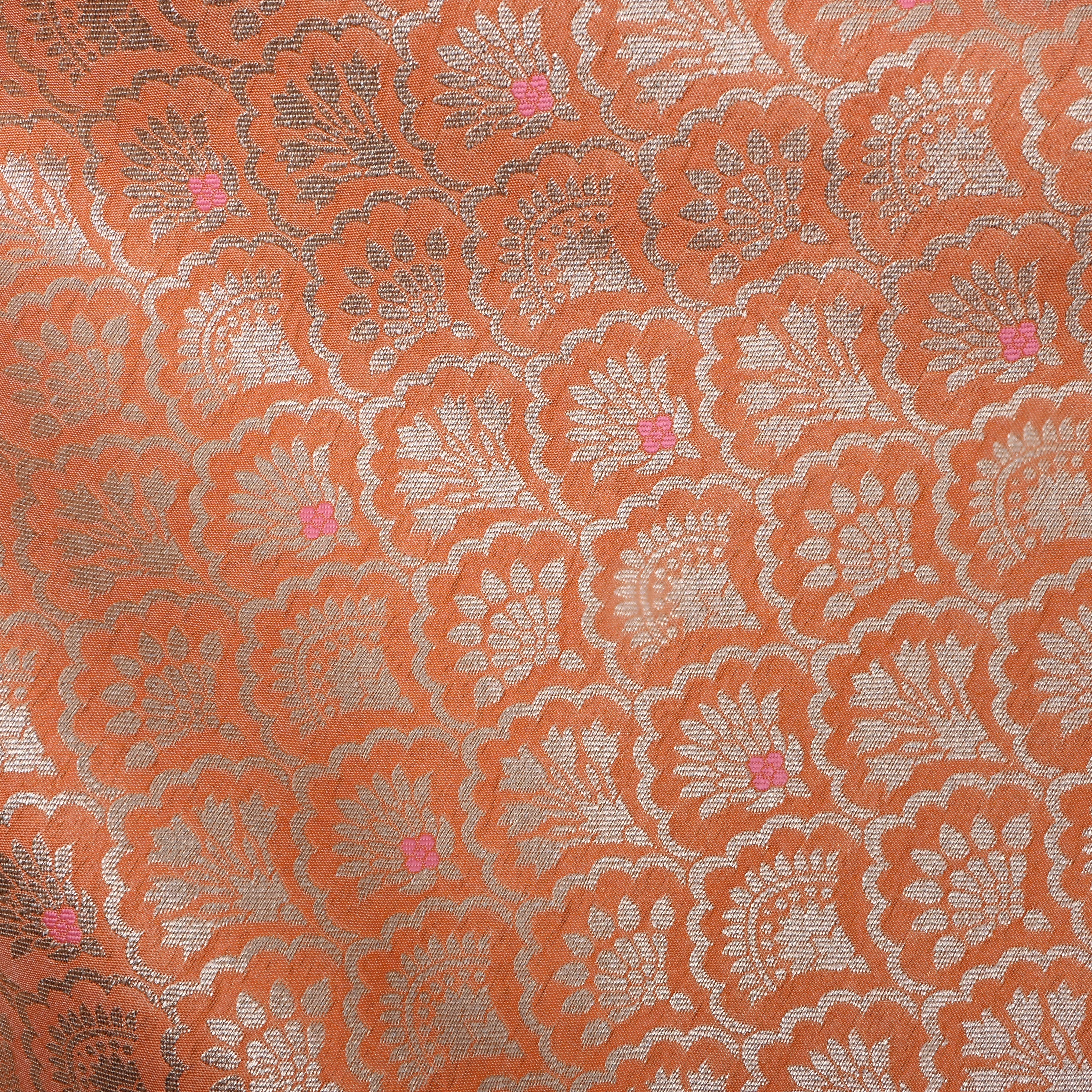 Soft Orange Jamawar Weave Floral Silk Fabric