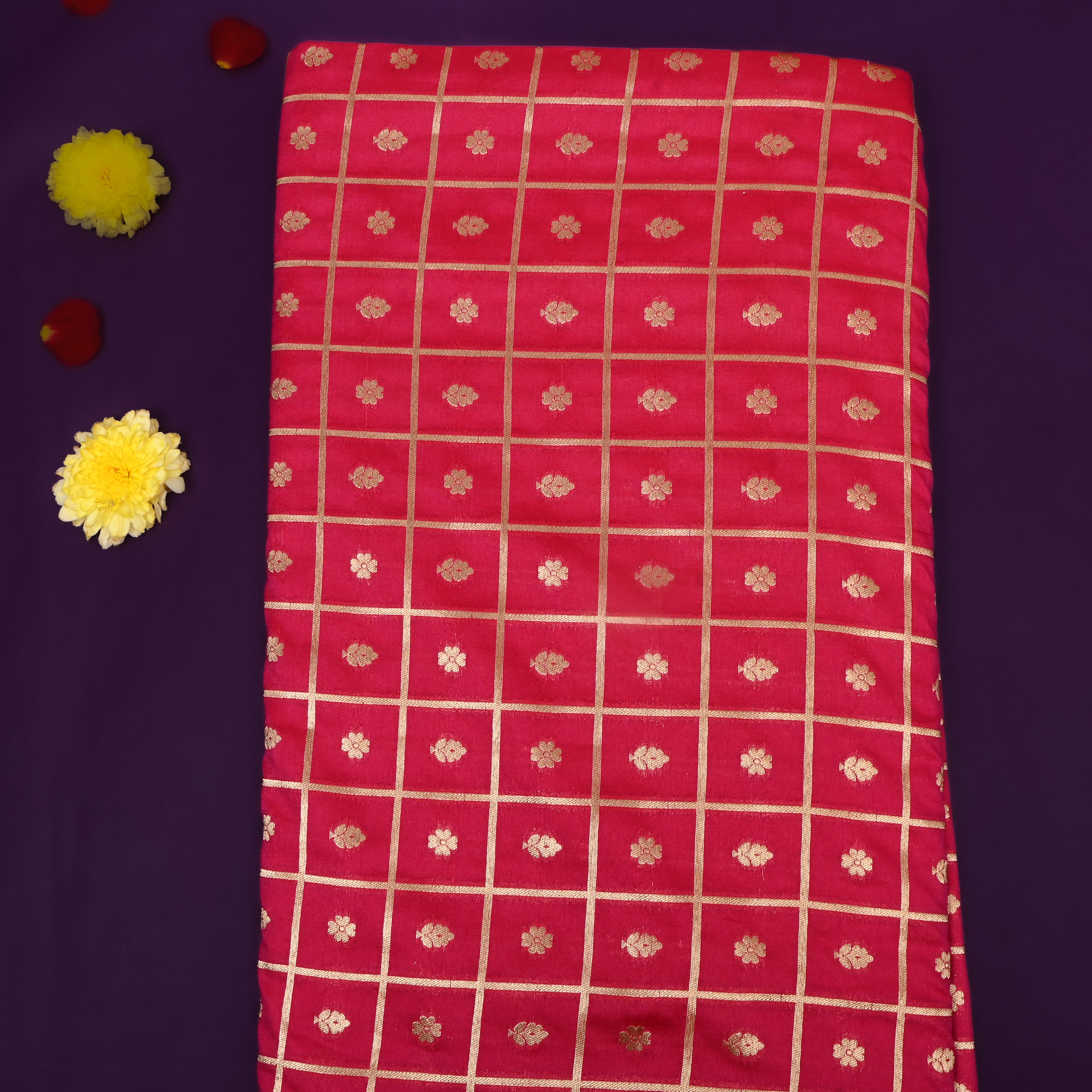 Bright Pink Jamawar Floral Silk Fabric