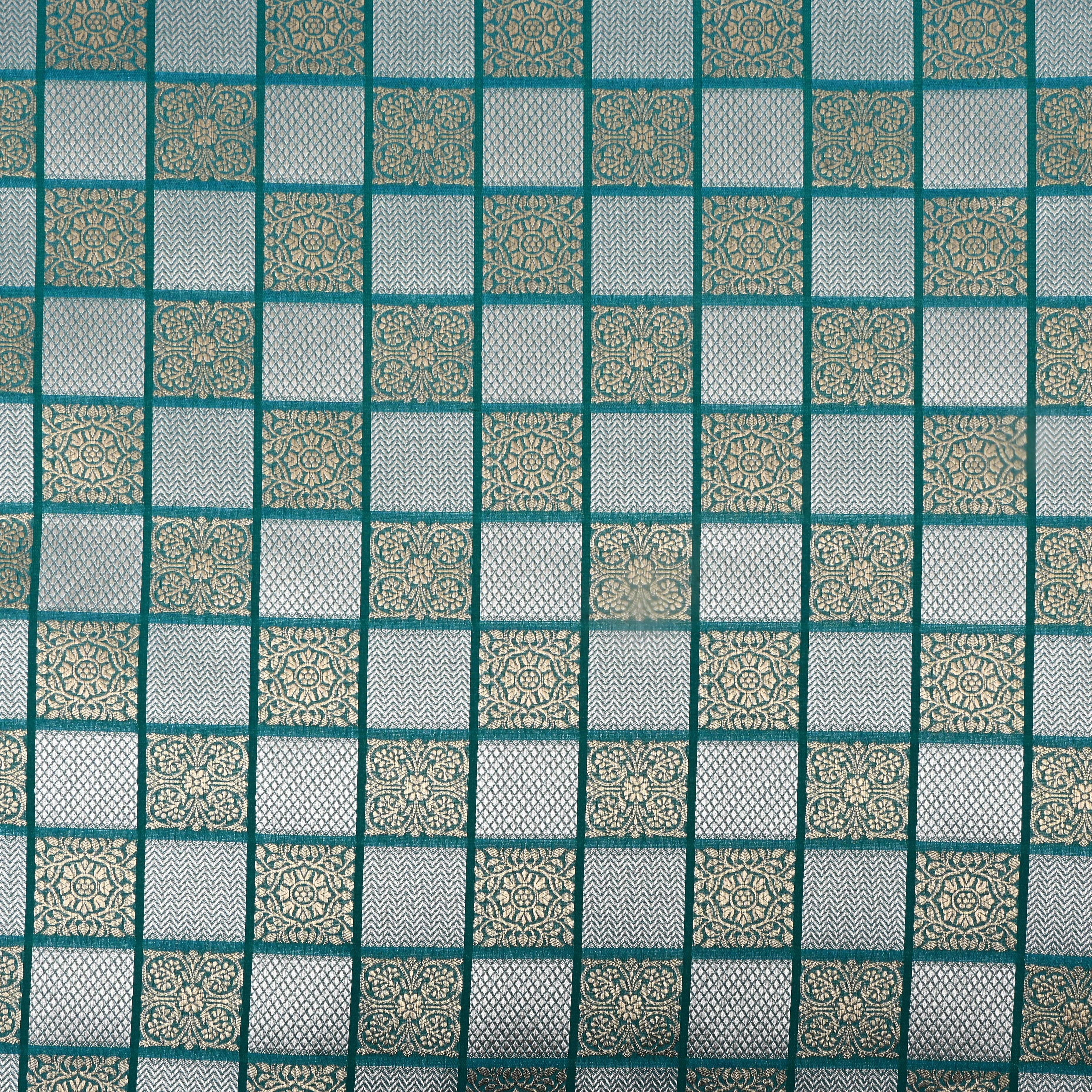 Teal Blue Floral And Chevron Jamawar Silk Fabric