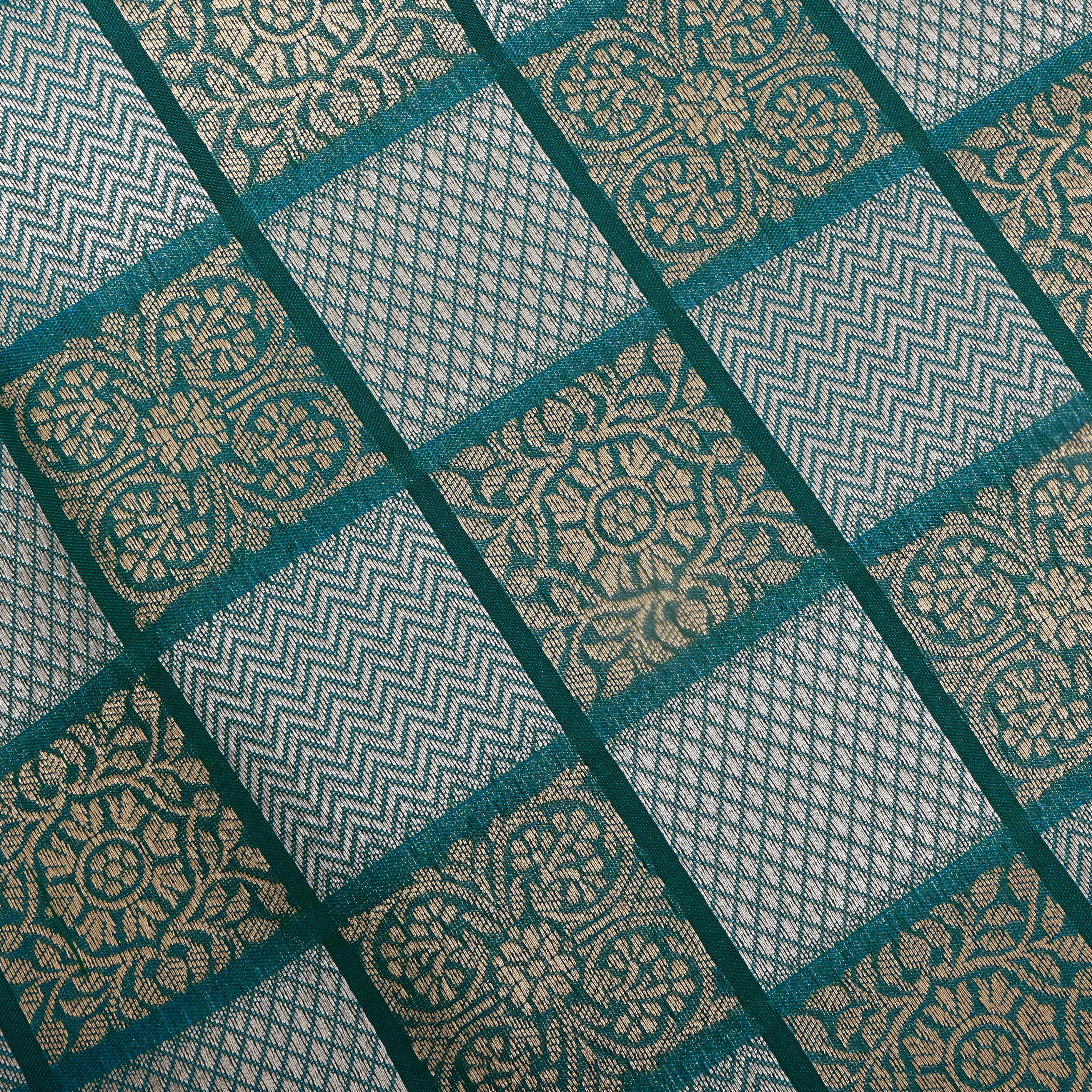 Teal Blue Floral And Chevron Jamawar Silk Fabric