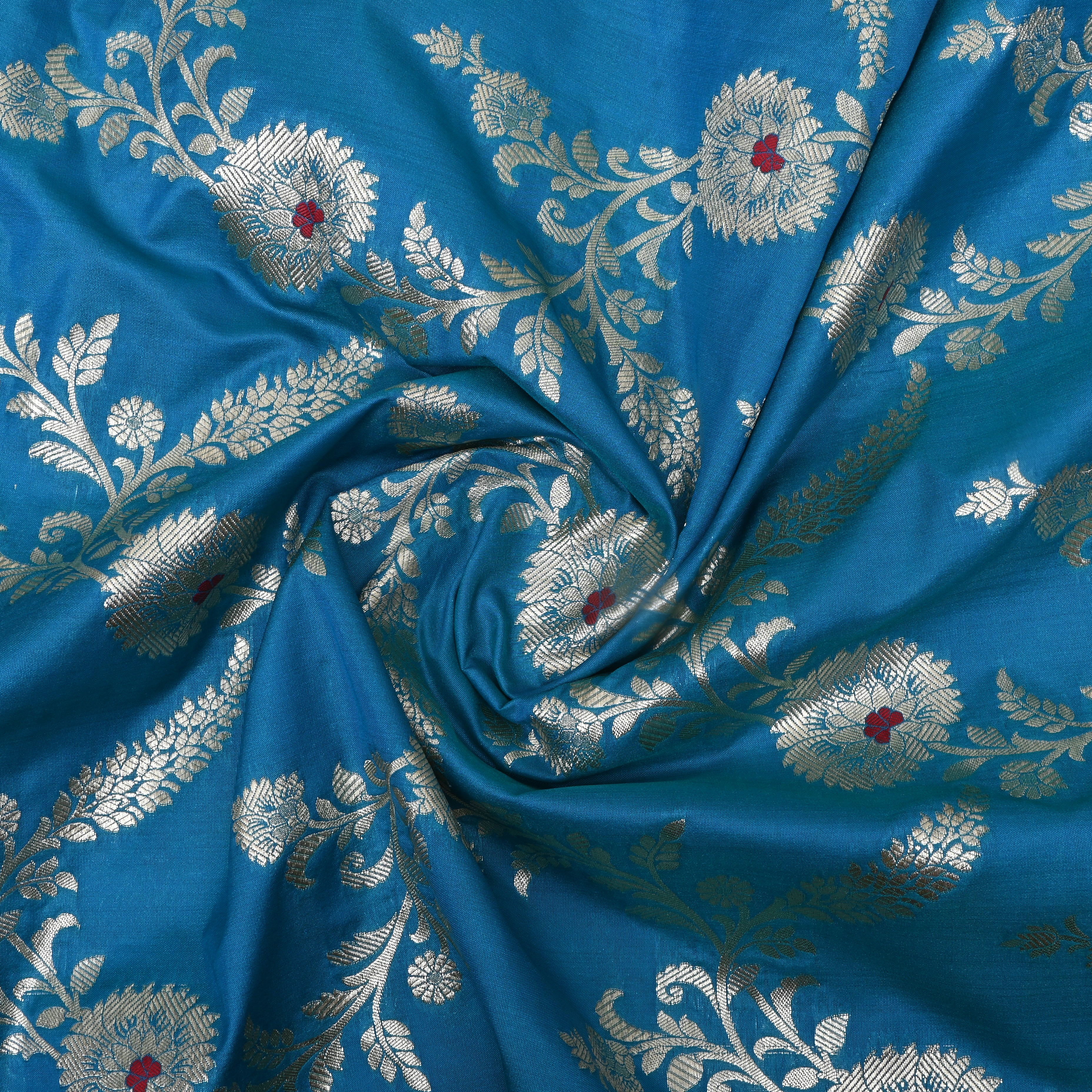 Azure Blue Floral Zari Woven Jamawar Silk Fabric