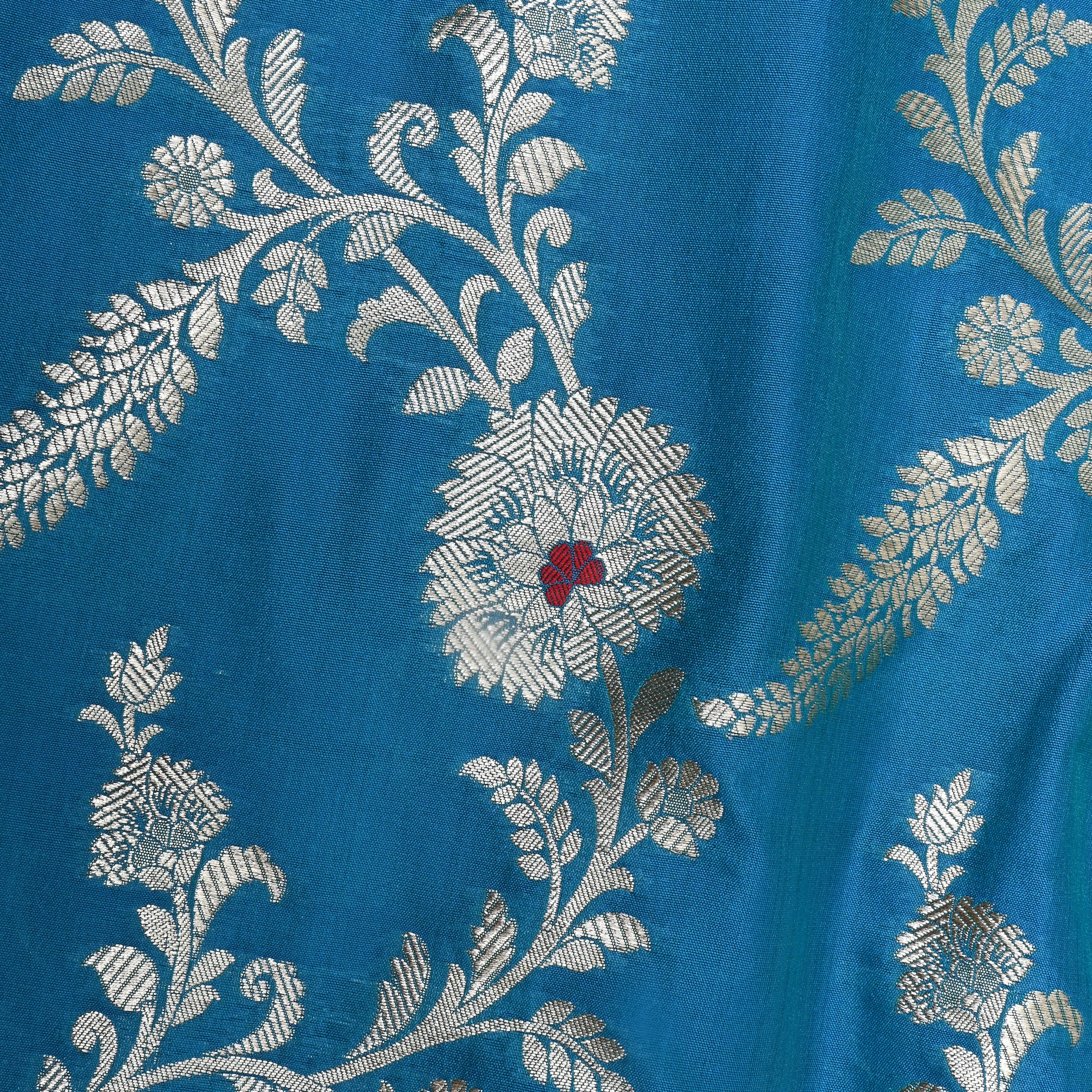 Azure Blue Floral Zari Woven Jamawar Silk Fabric