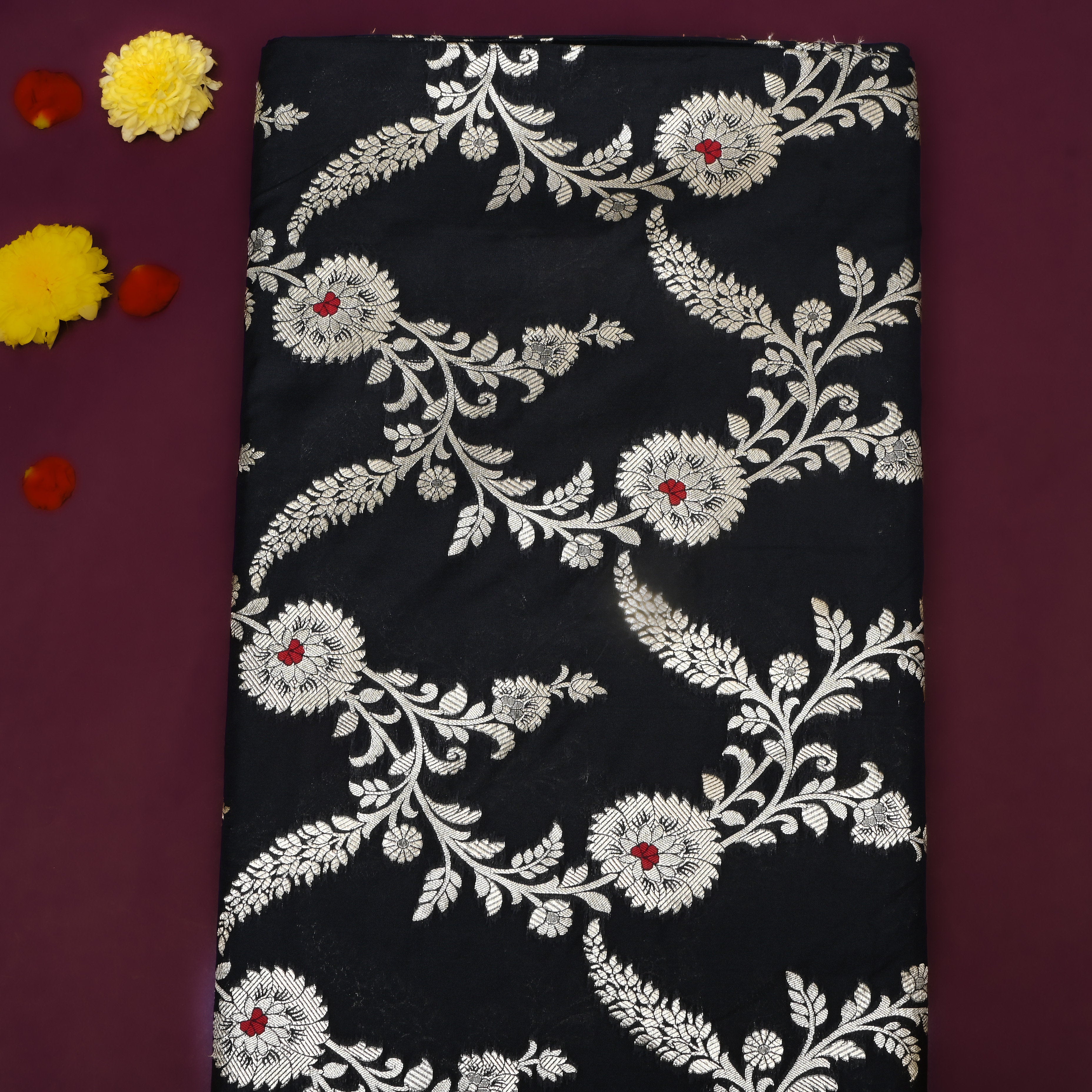 Black Floral Zari Jamawar Silk Fabric
