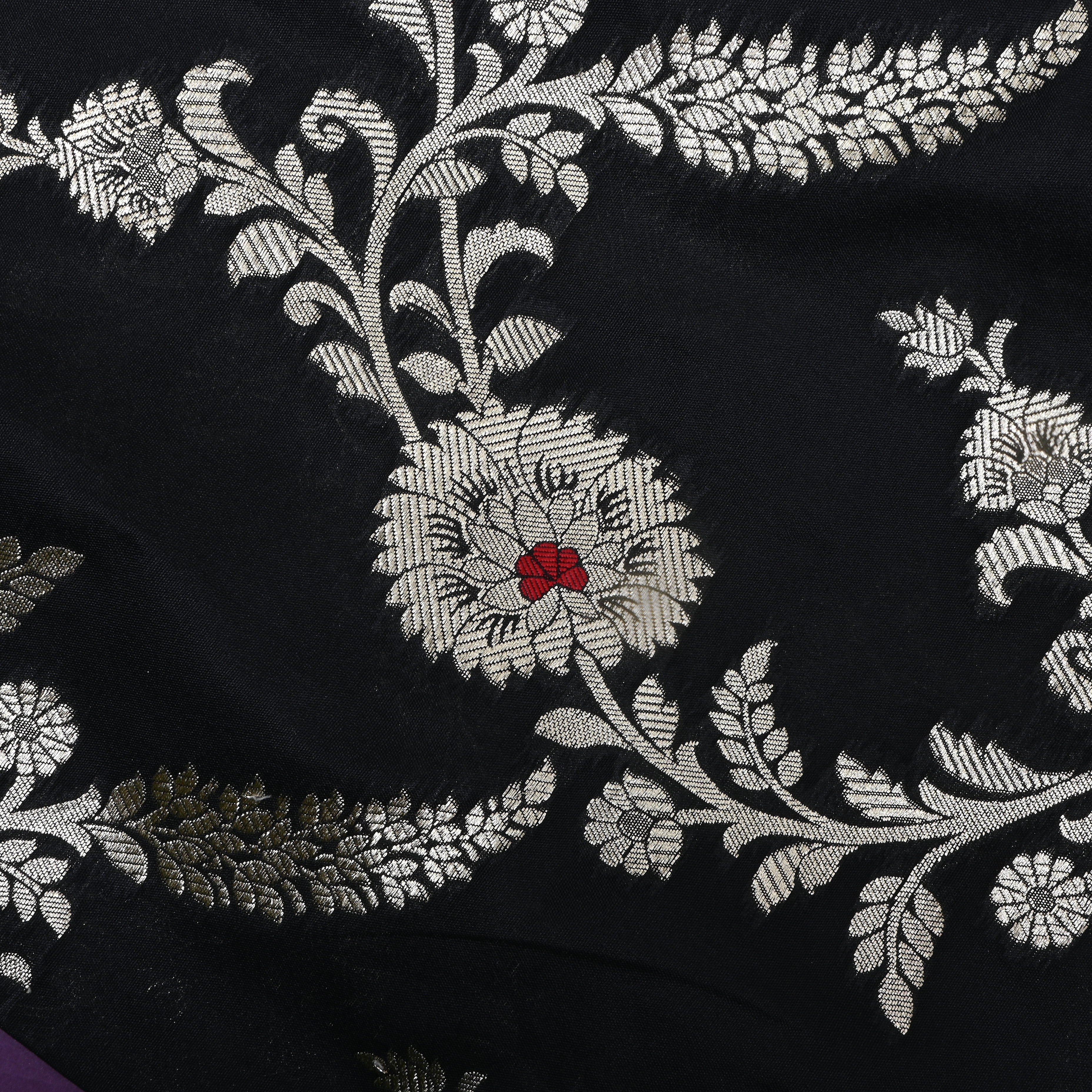 Black Floral Zari Jamawar Silk Fabric