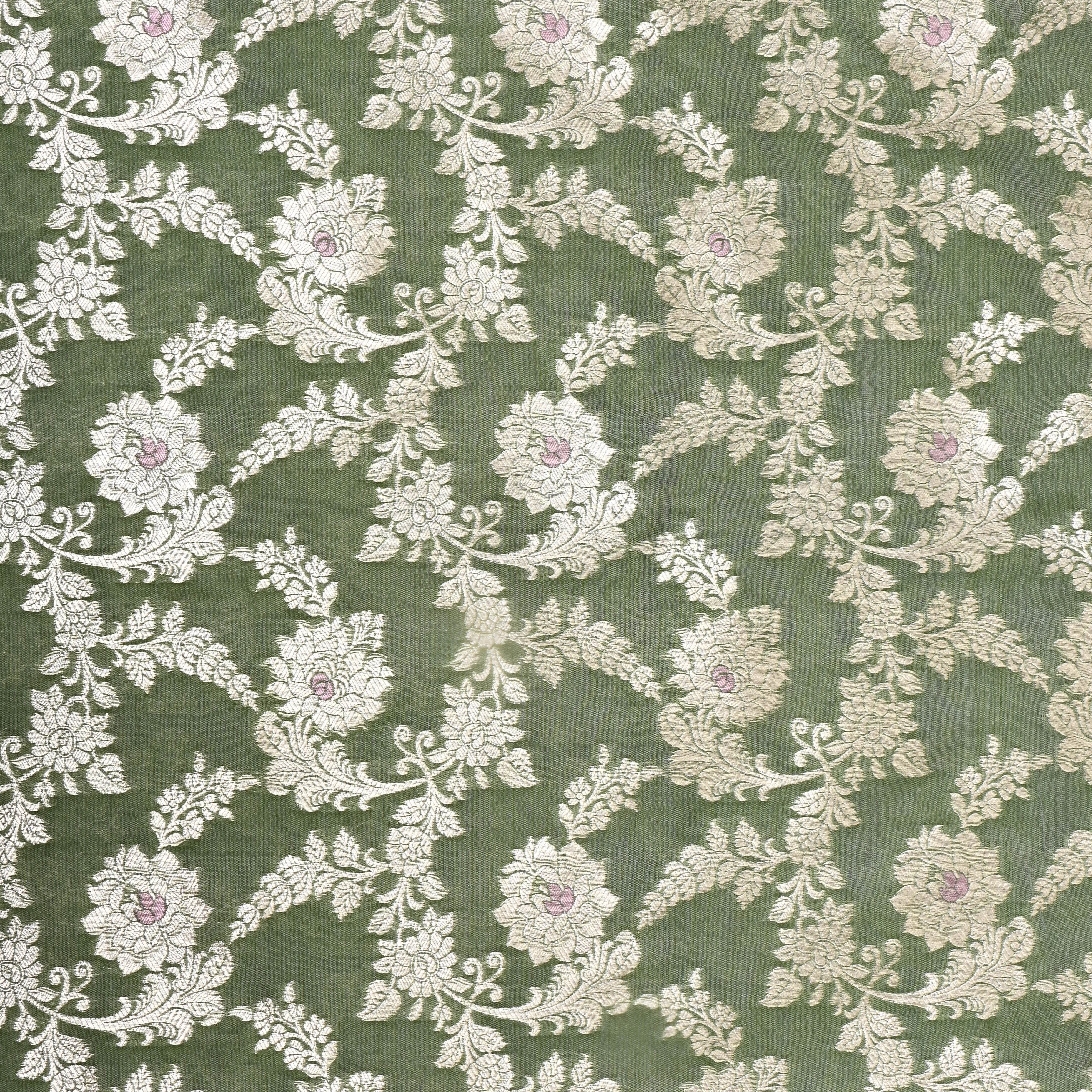 Earthy Green Floral Zari Woven Jamawar Silk Fabric