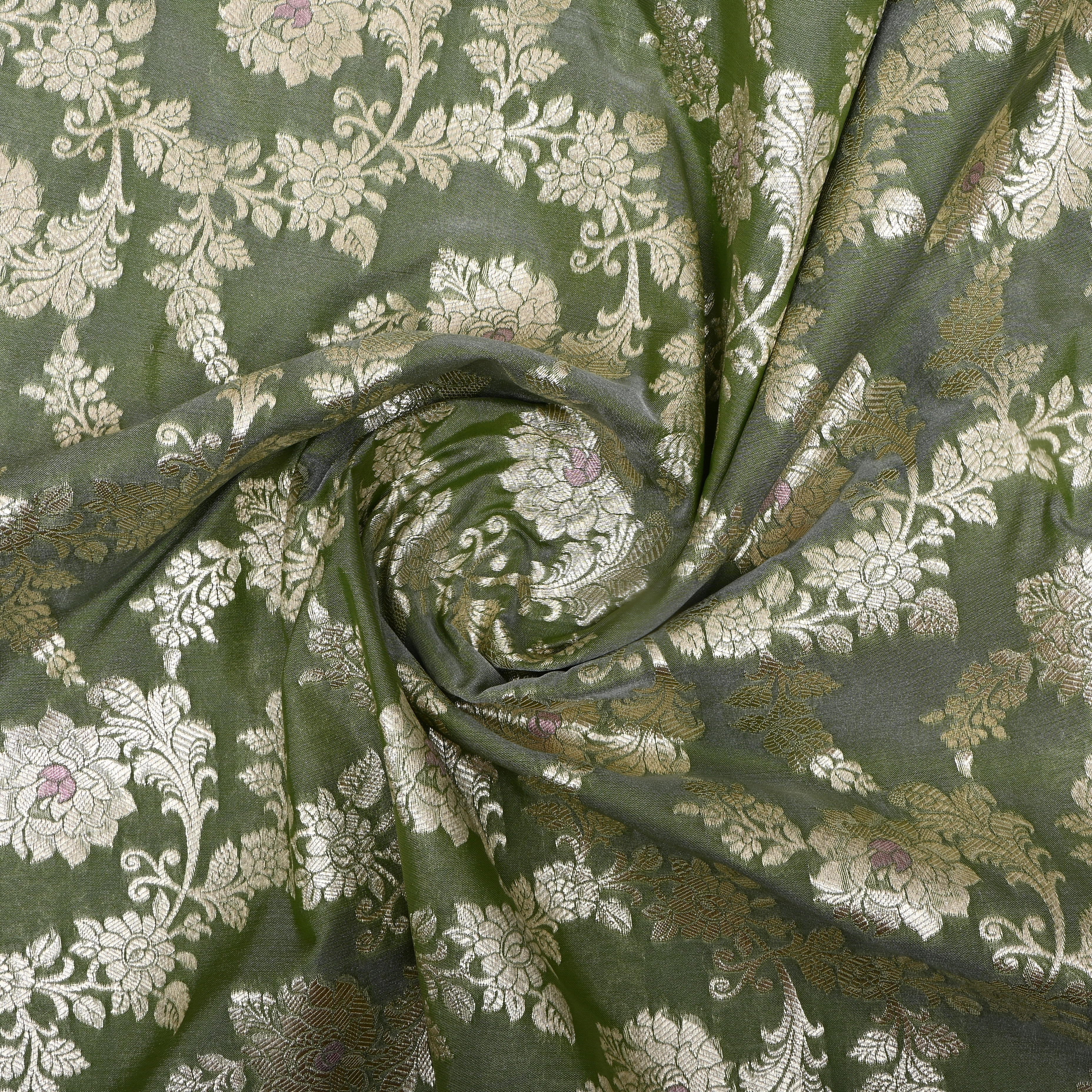 Earthy Green Floral Zari Woven Jamawar Silk Fabric