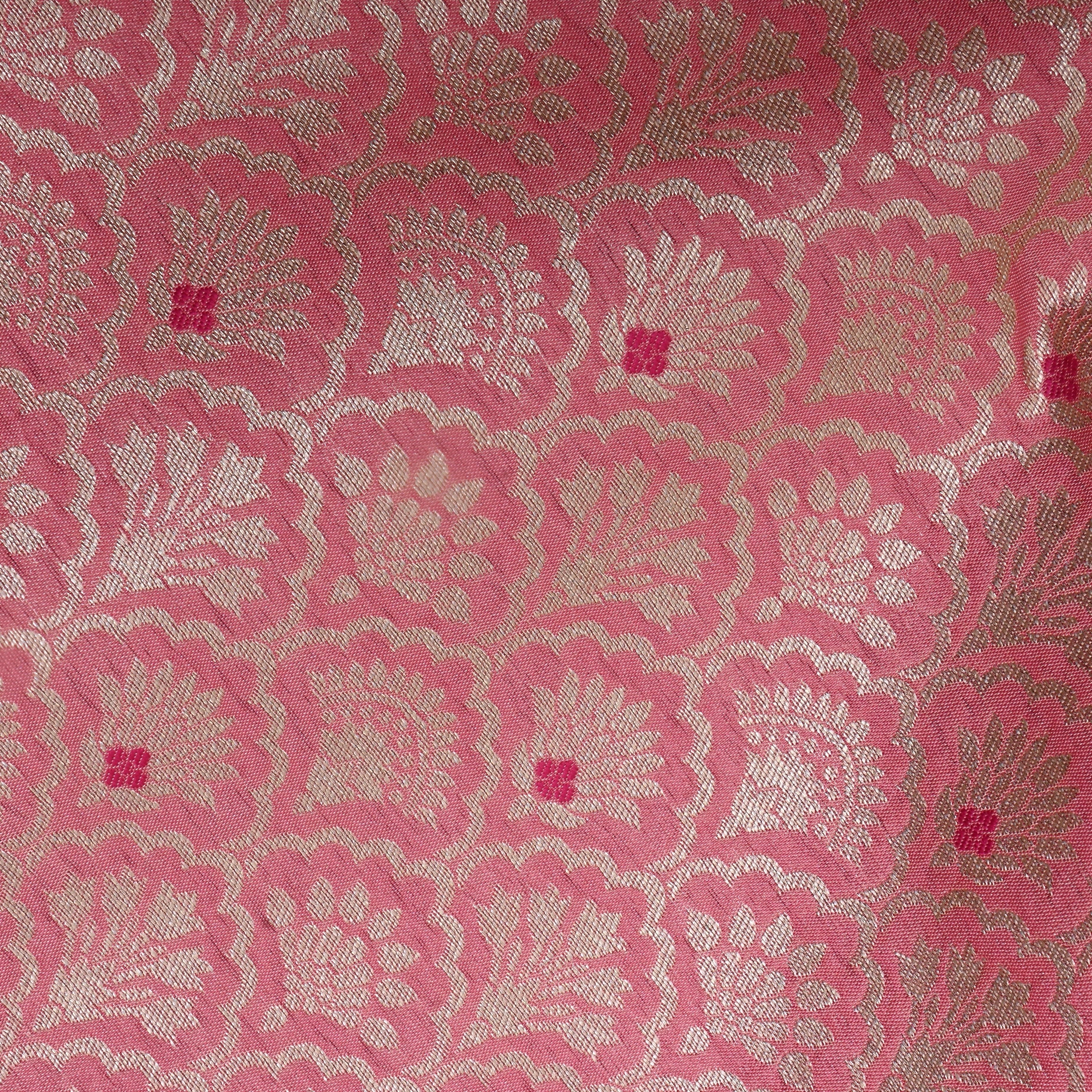 Taffy Pink Jamawar Weave Floral Silk Fabric
