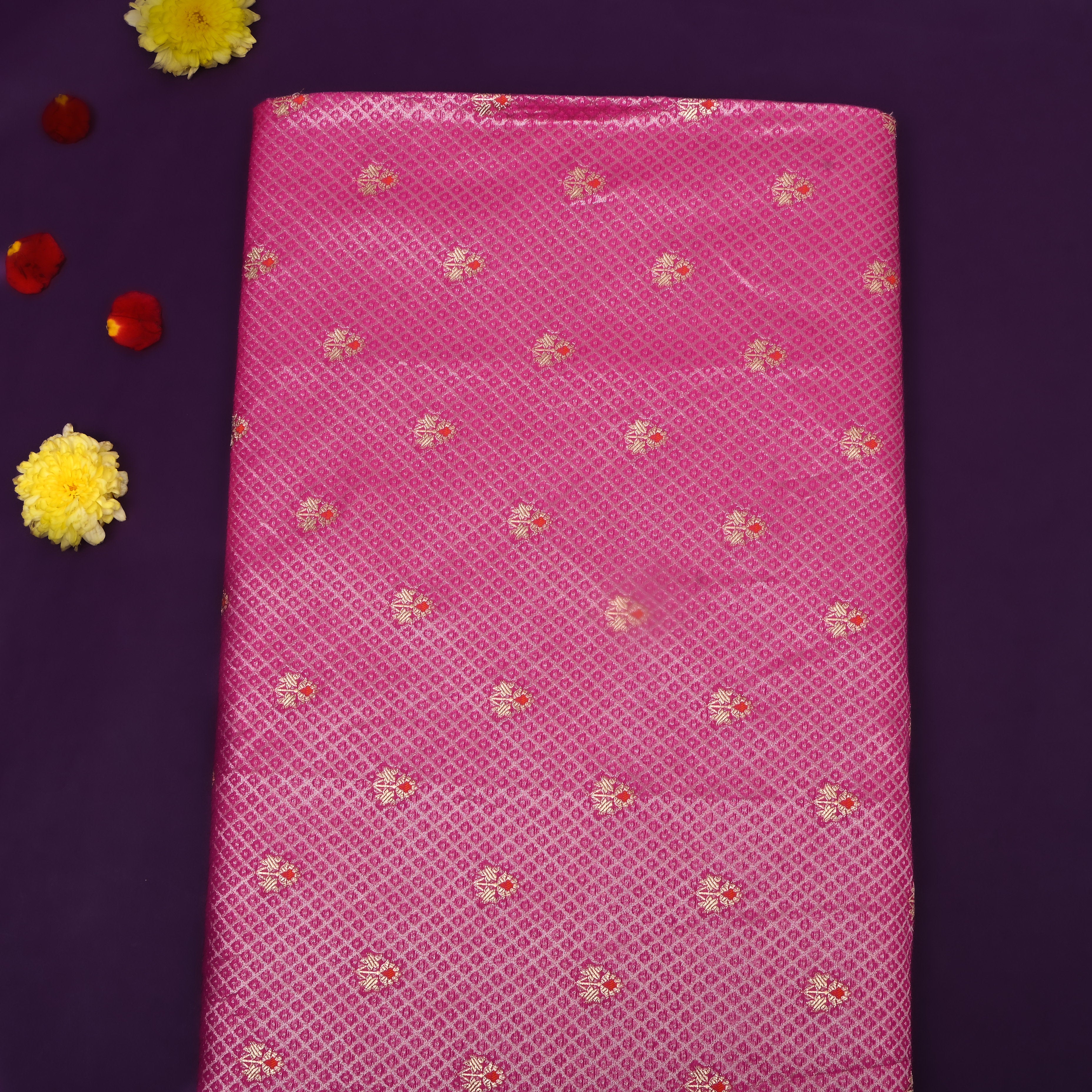 Hot Pink Floral Jamawar Silk Fabric