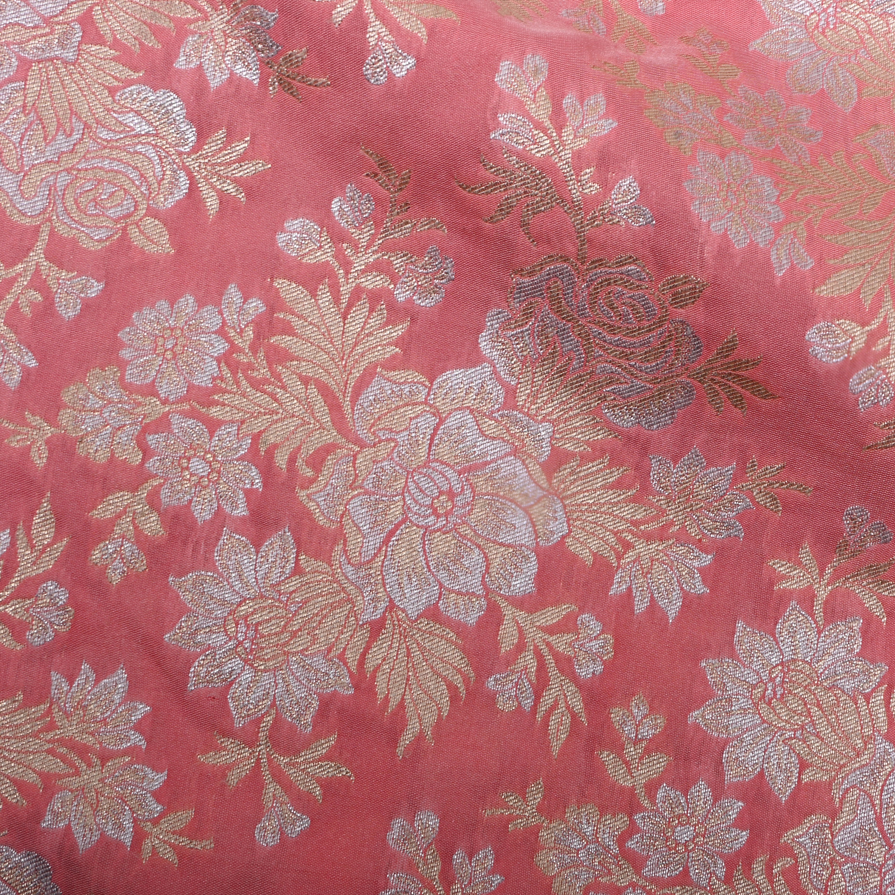 Blush Pink Floral Zari Woven Jamawar Silk Fabric