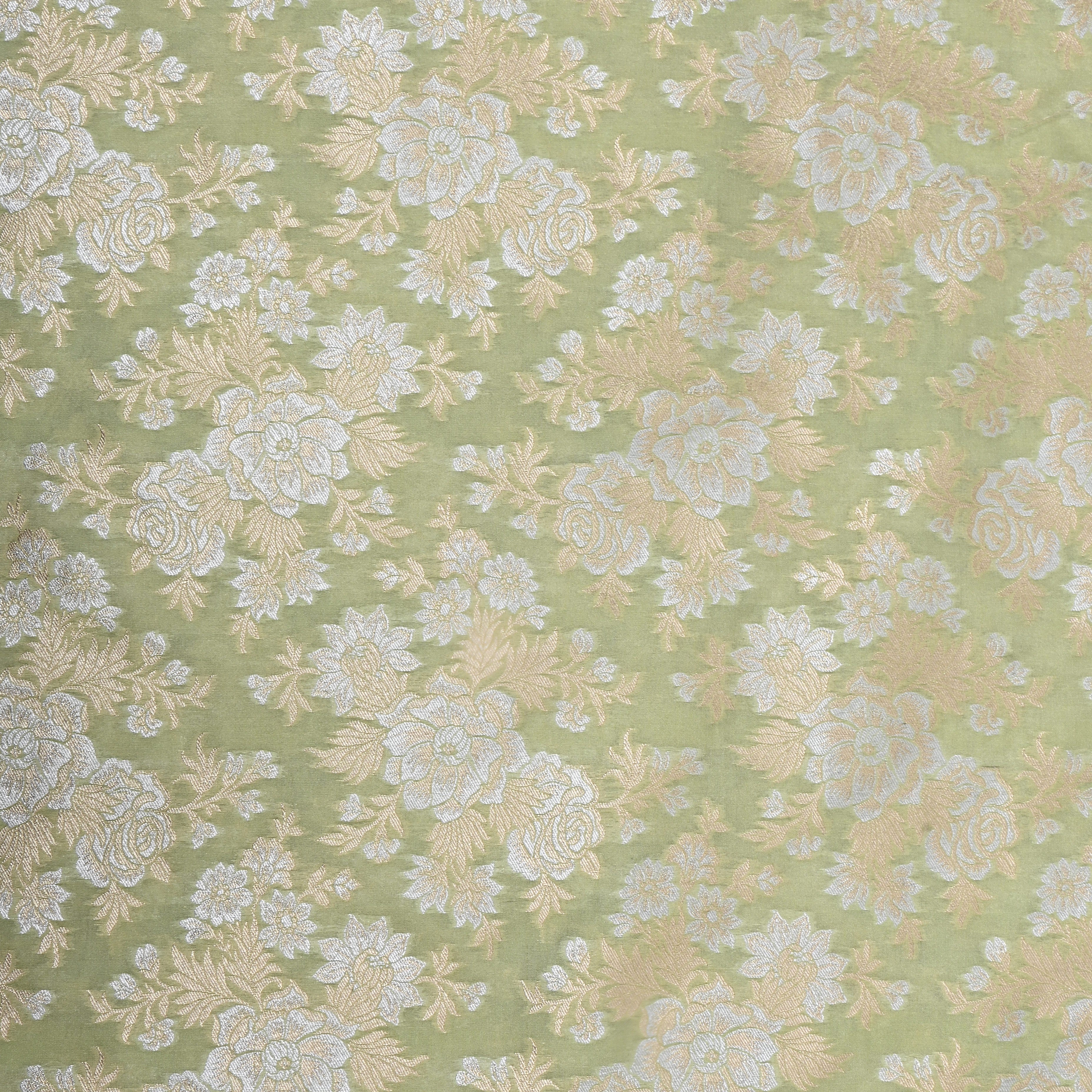 Pastel Green Floral Zari Woven Jamawar Silk Fabric