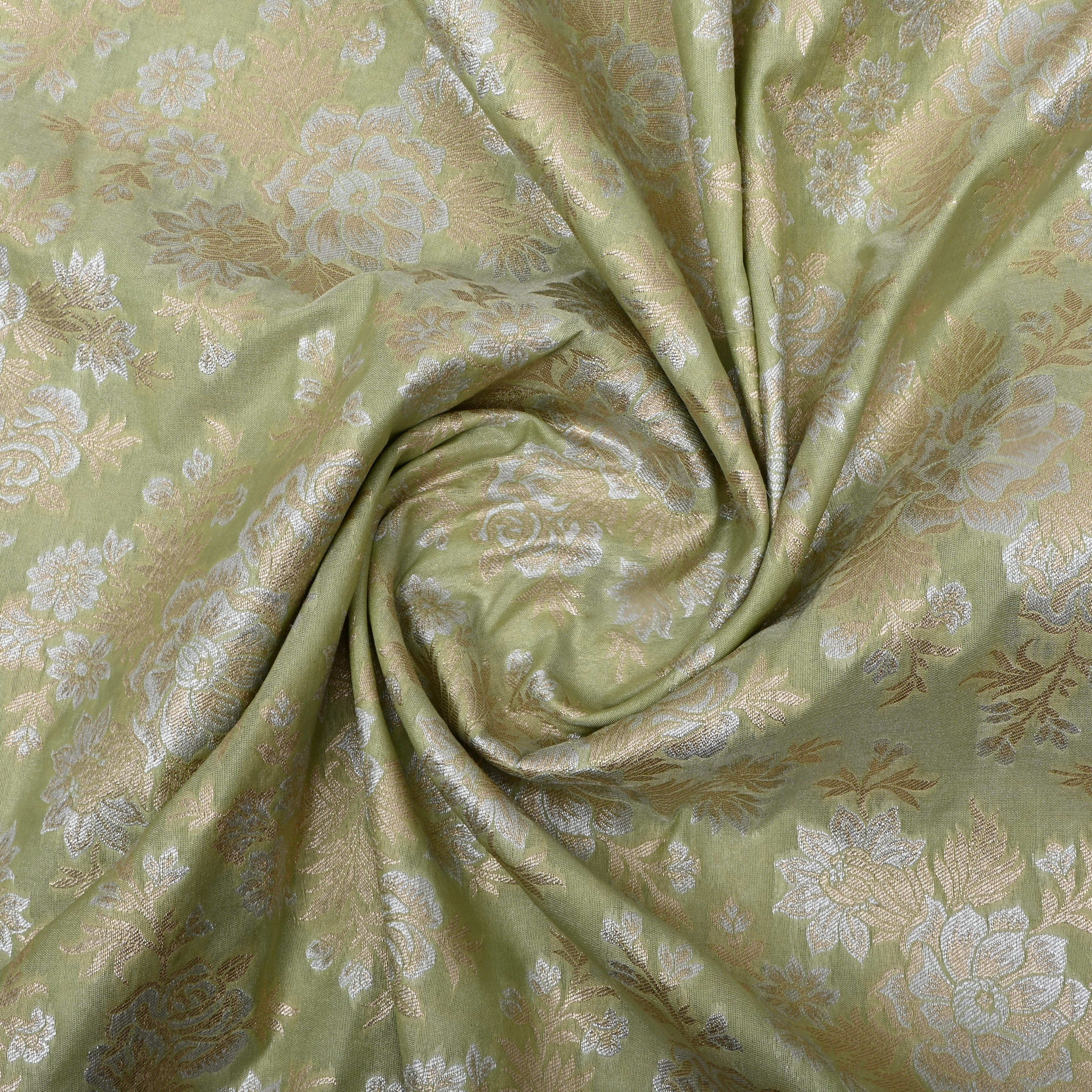 Pastel Green Floral Zari Woven Jamawar Silk Fabric