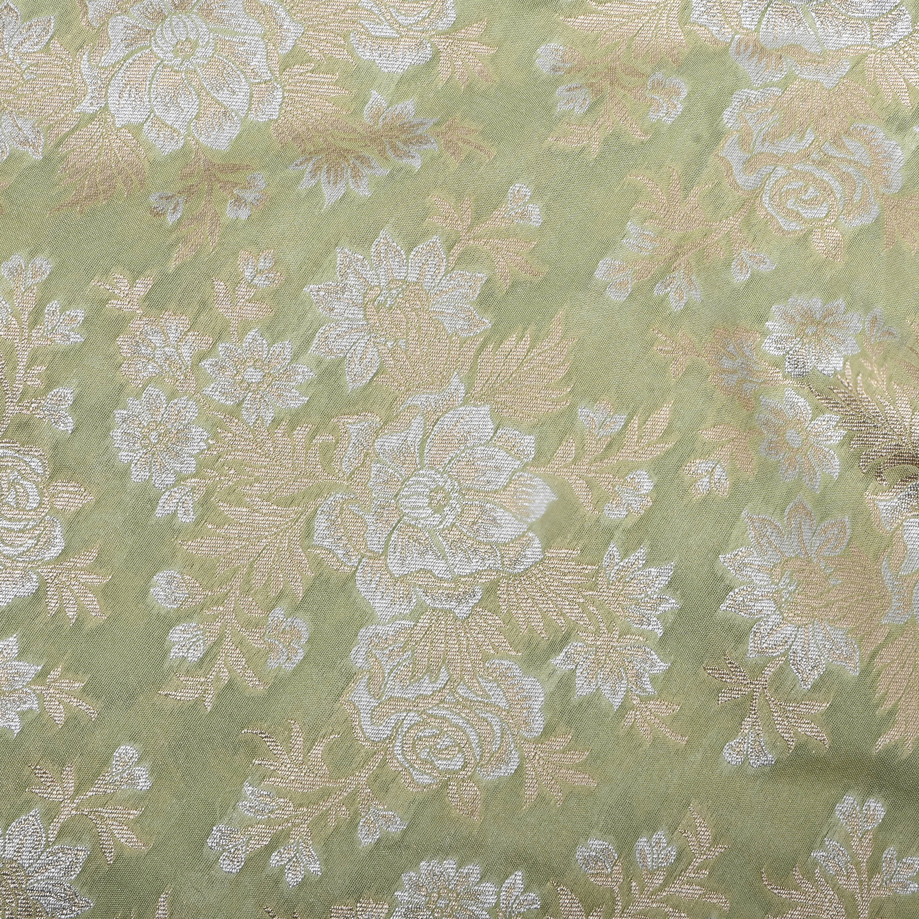 Pastel Green Floral Zari Woven Jamawar Silk Fabric