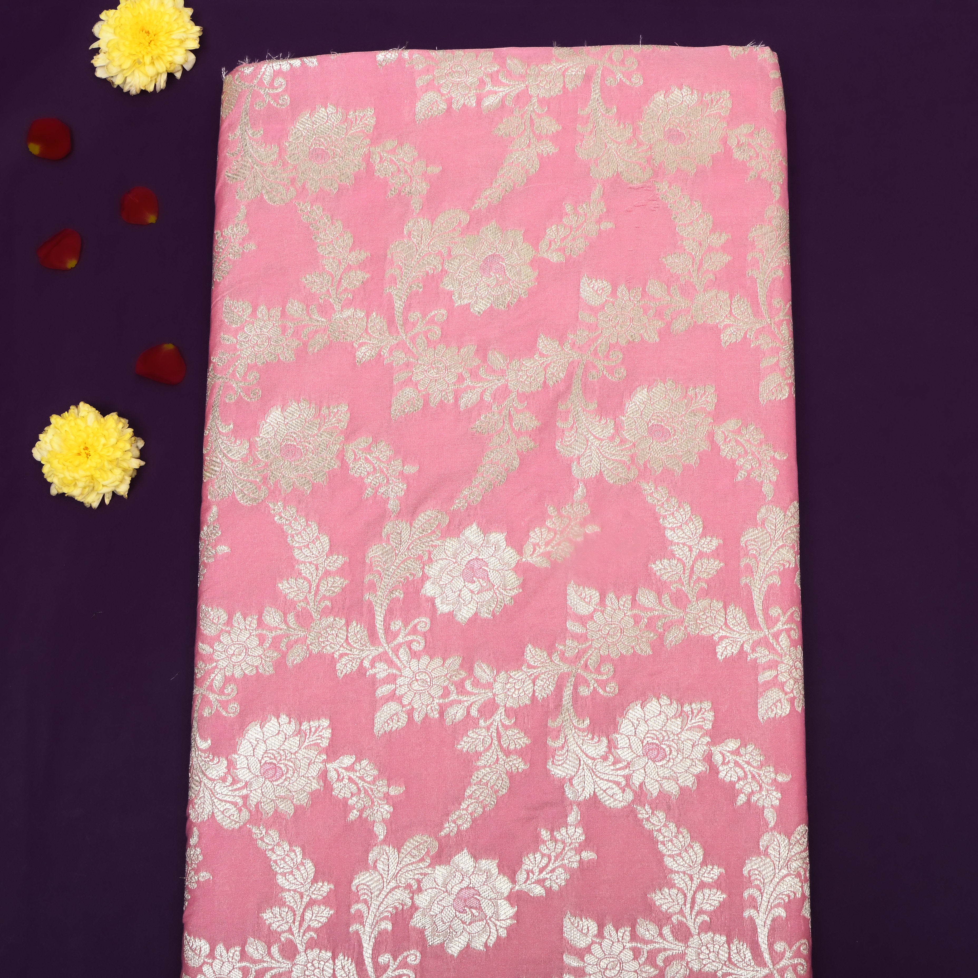 Flamingo Pink Floral Zari Jamawar Silk Fabric