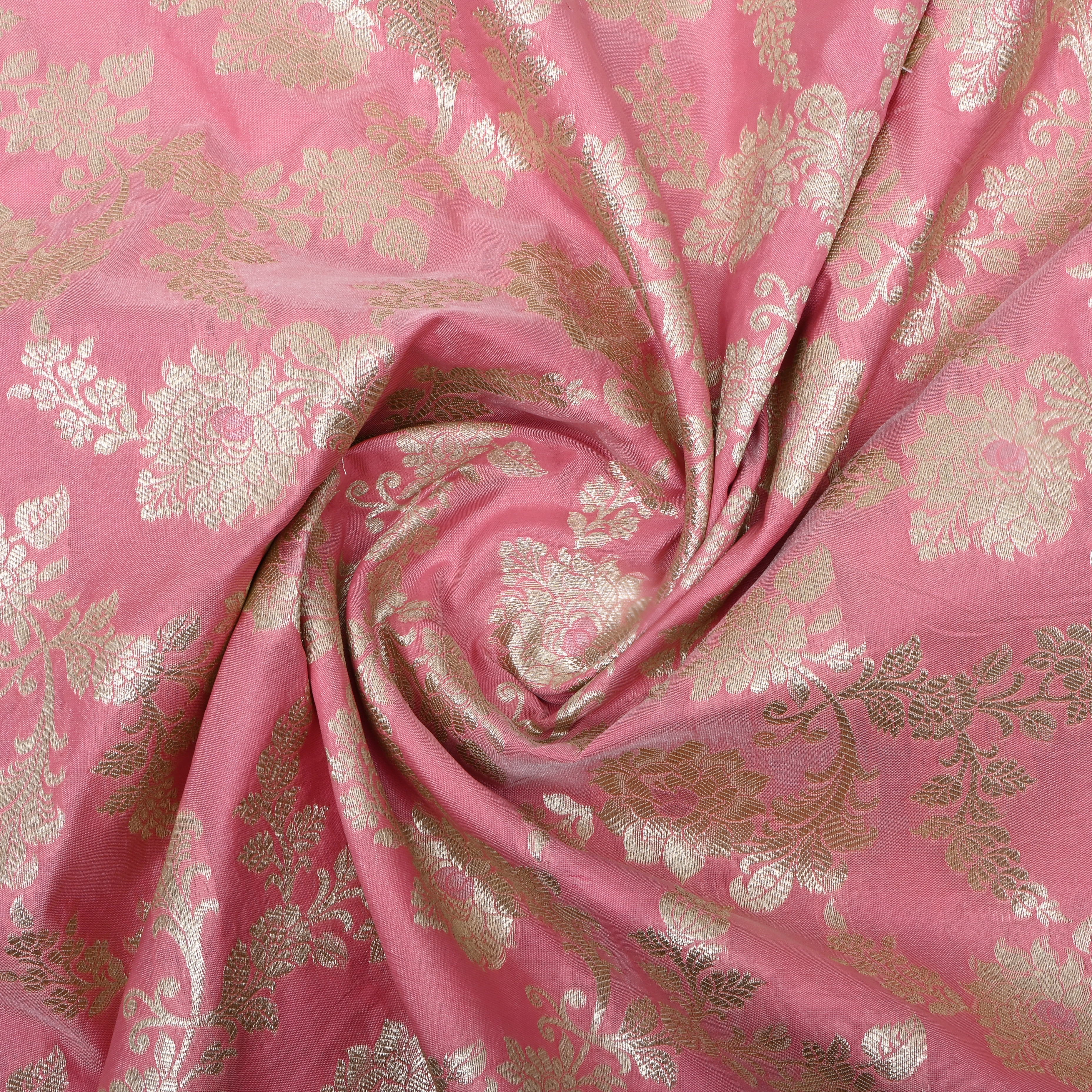 Flamingo Pink Floral Zari Jamawar Silk Fabric