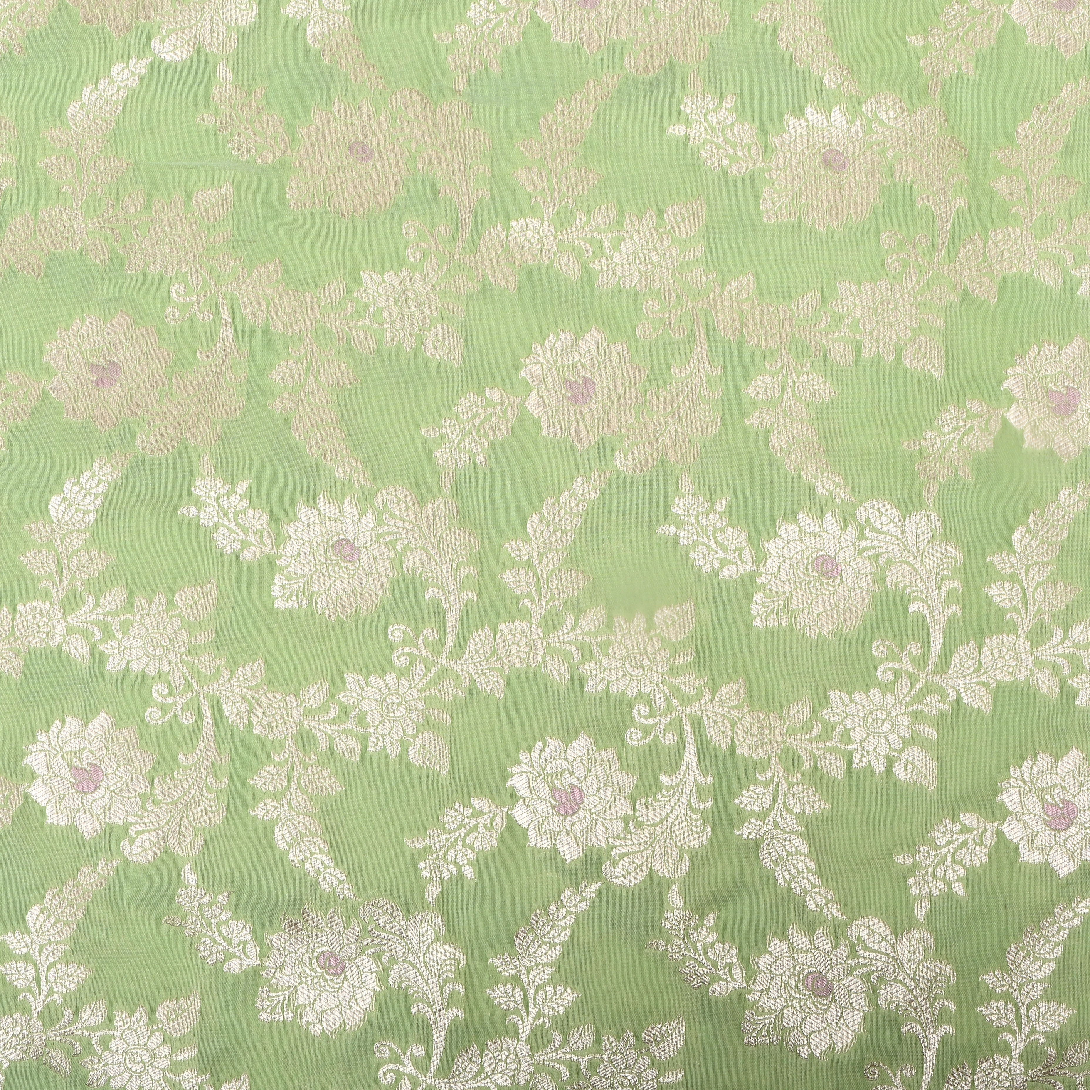 Muted Green Floral Zari Woven Jamawar Silk Fabric