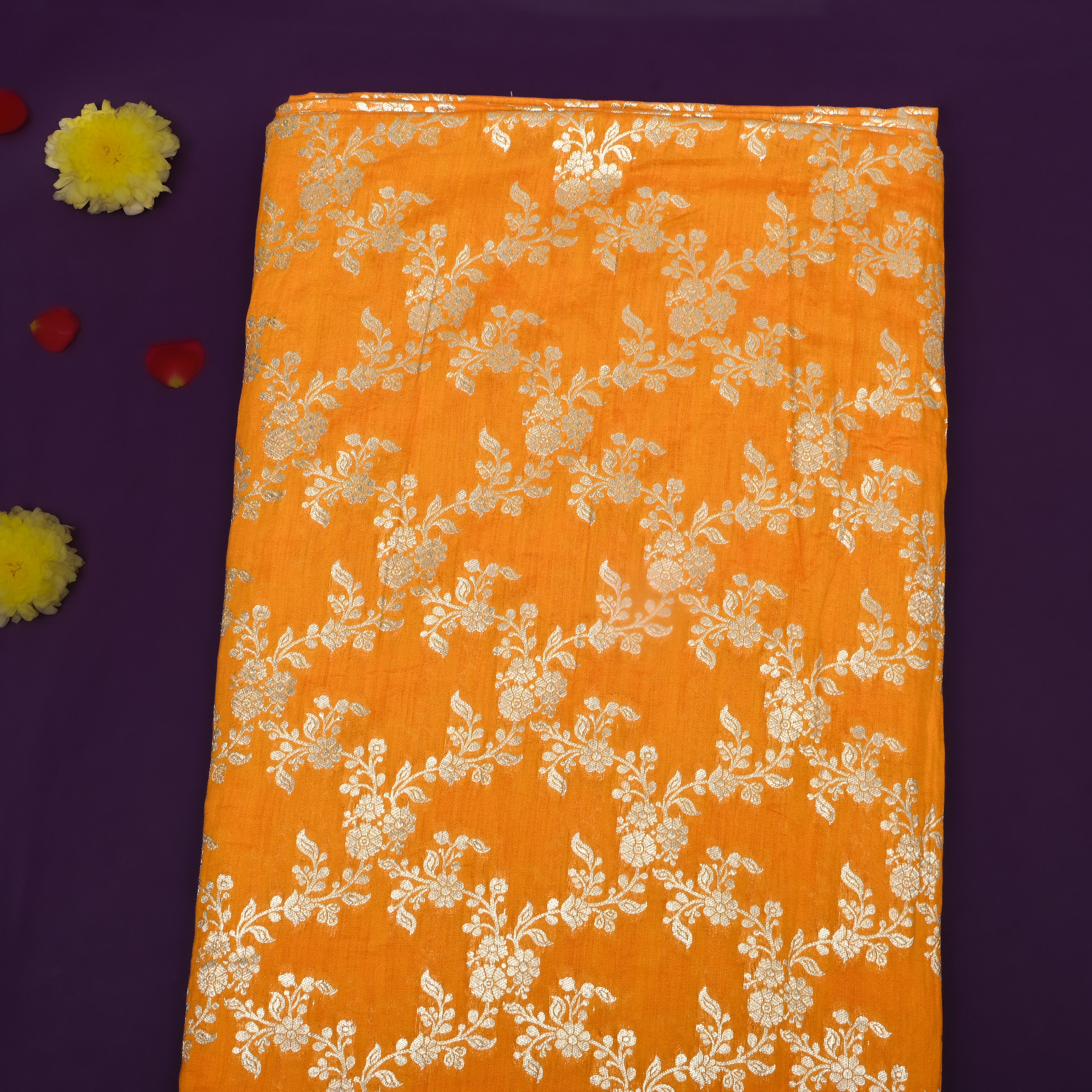 Bright Yellow Floral Jamawar Silk Fabric