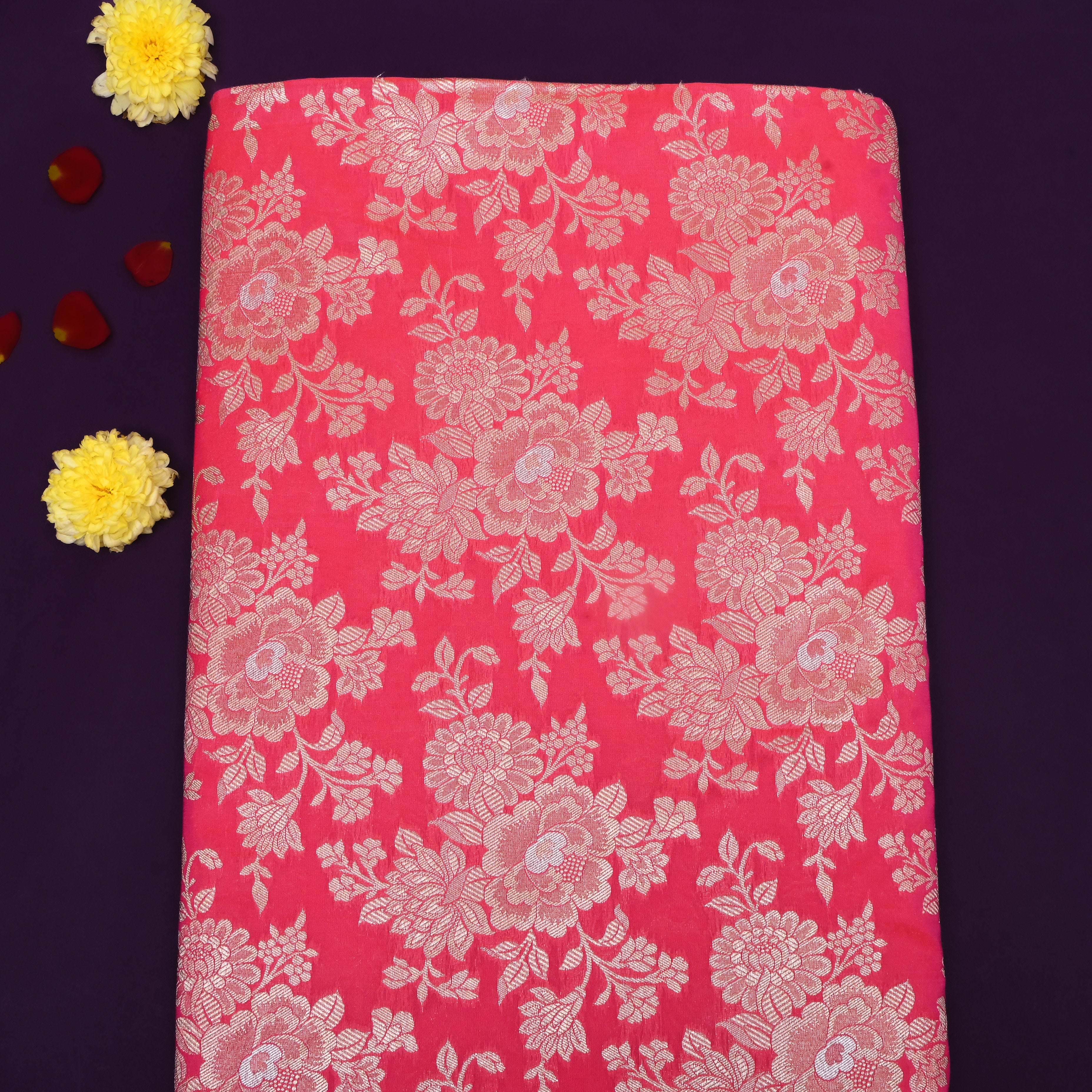 Raspberry Pink Floral Jamawar Silk Fabric
