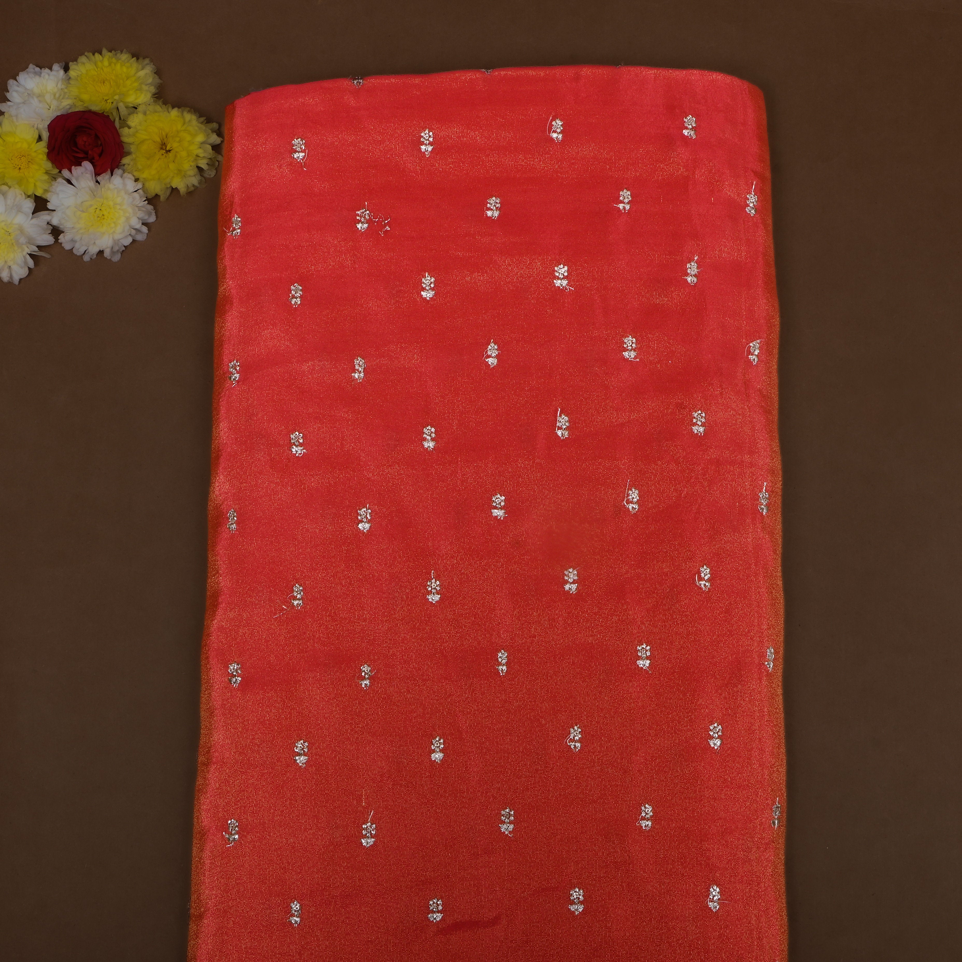 Scarlet Red Floral Embroidered Tissue Fabric