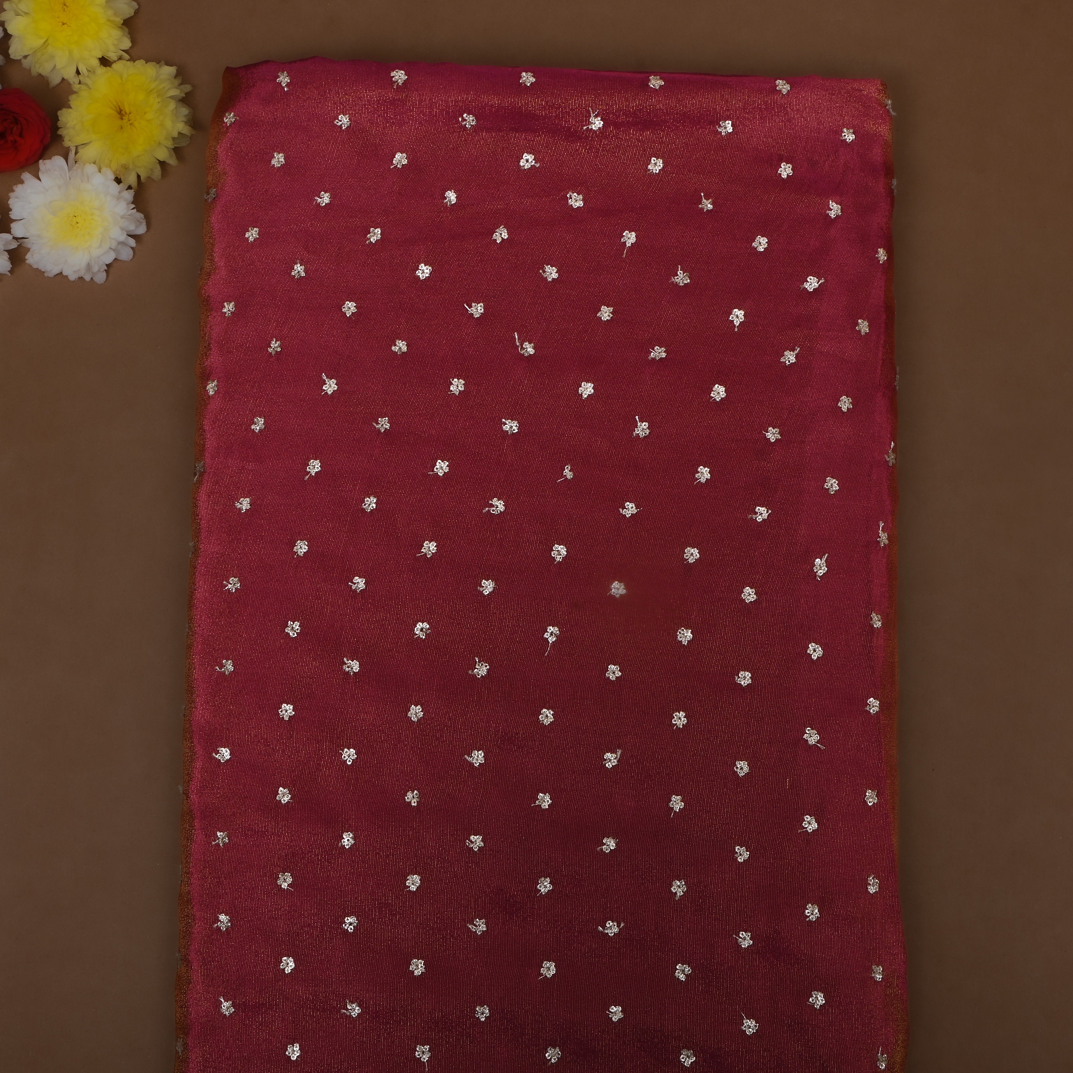 Burgundy Purple Floral Embroidered Tissue Fabric