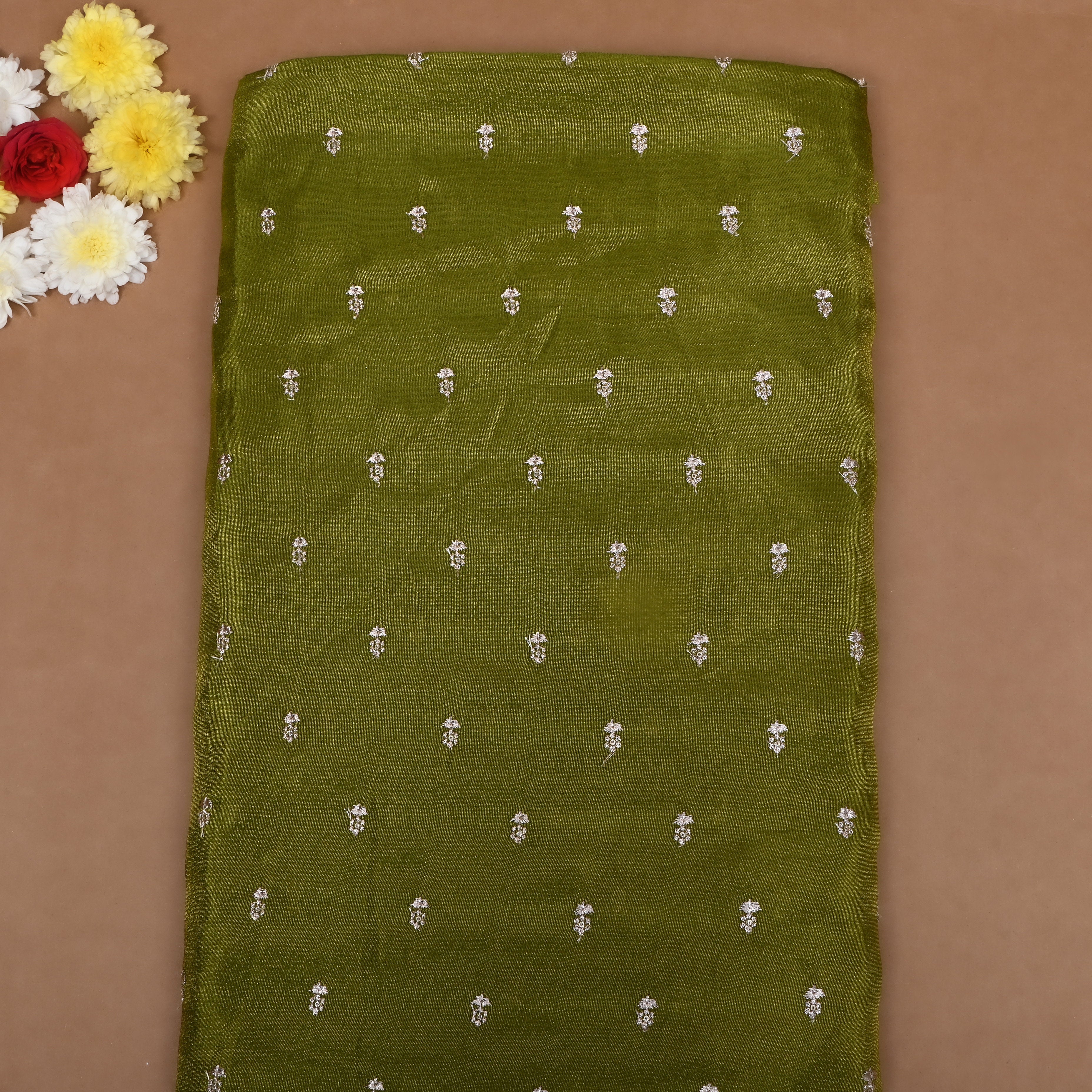 Dark Moss Green Floral Embroidered Tissue Fabric