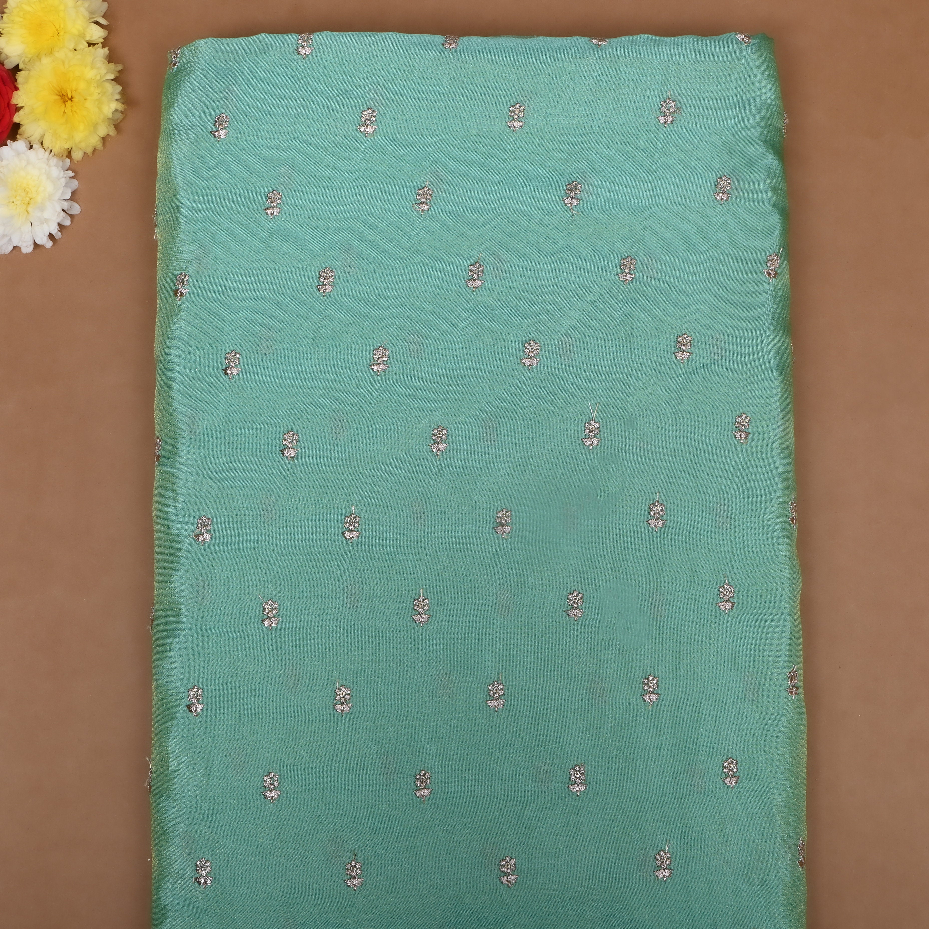 Aqua Blue Floral Embroidered Tissue Fabric