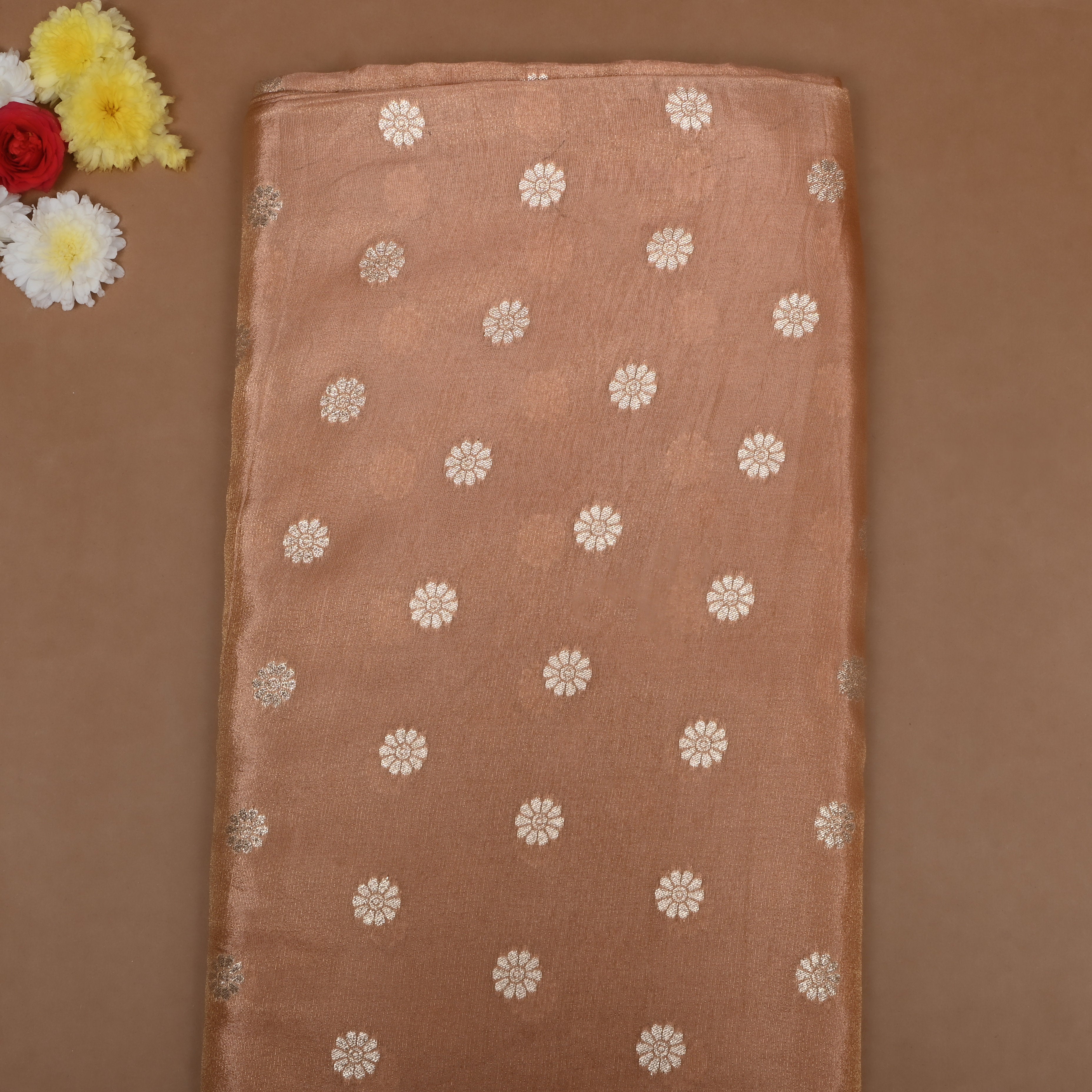 Golden Beige Zari Embroidered Tissue Fabric
