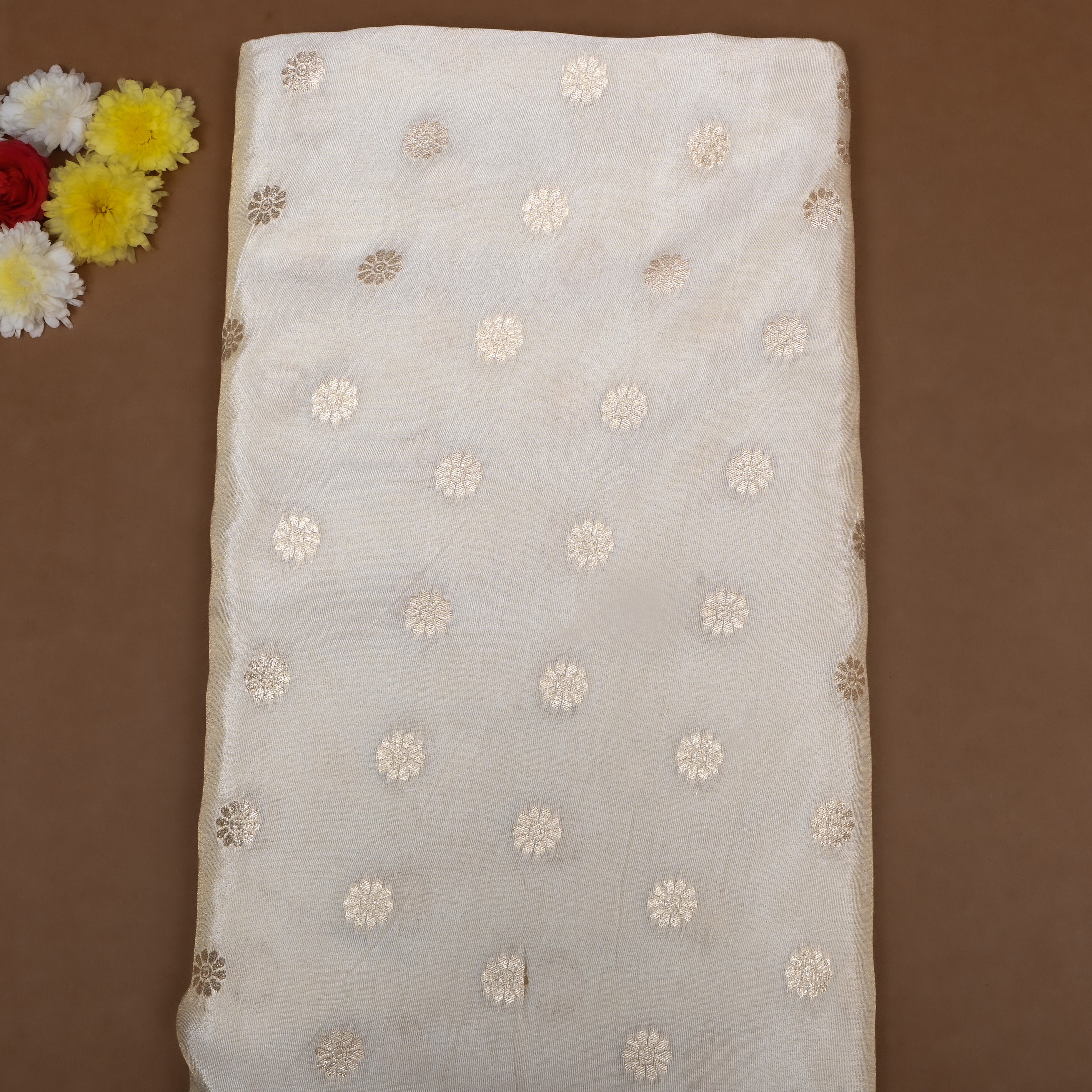Golden White Zari Embroidered Tissue Fabric