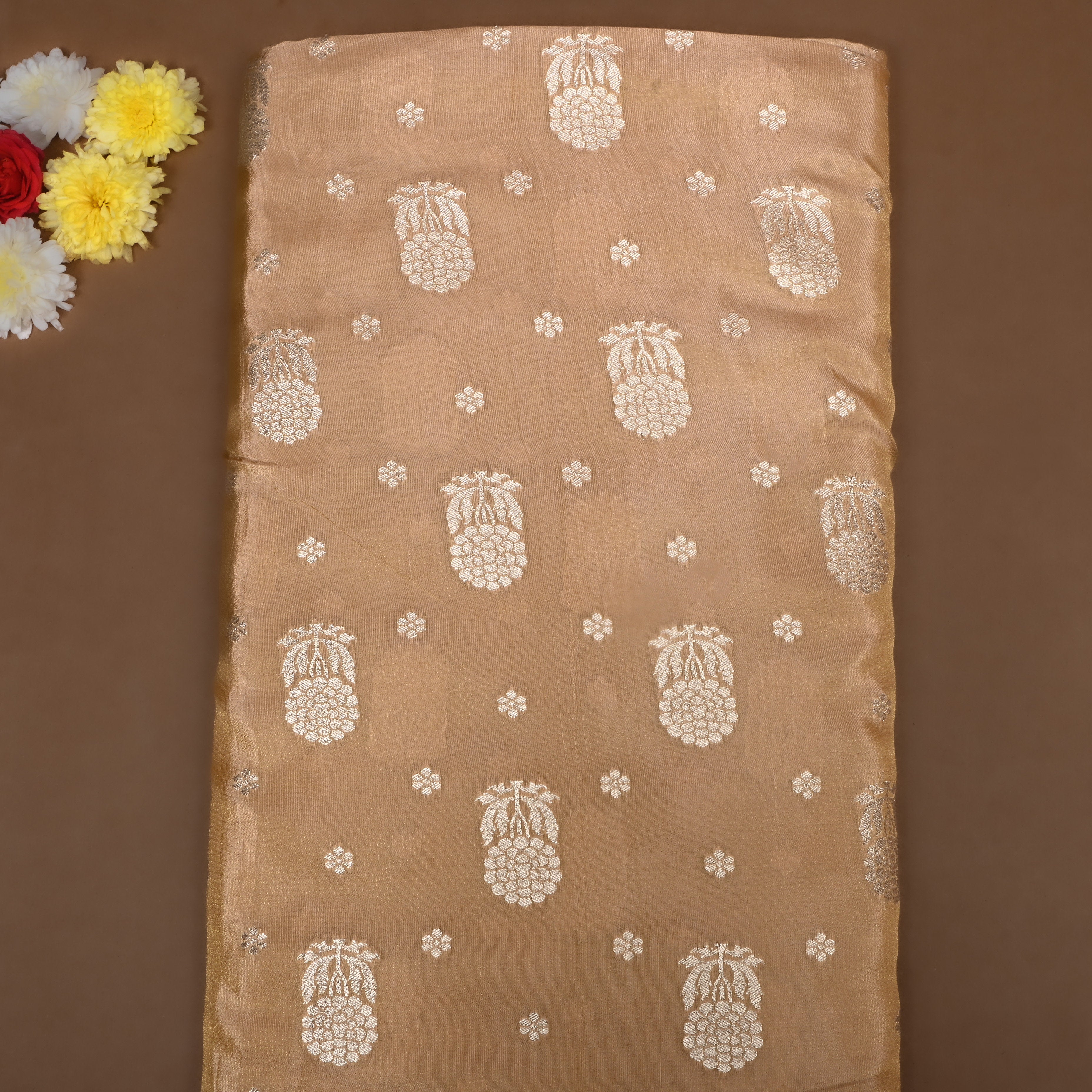 Fawn Brown Floral Jamawar Tissue Fabric