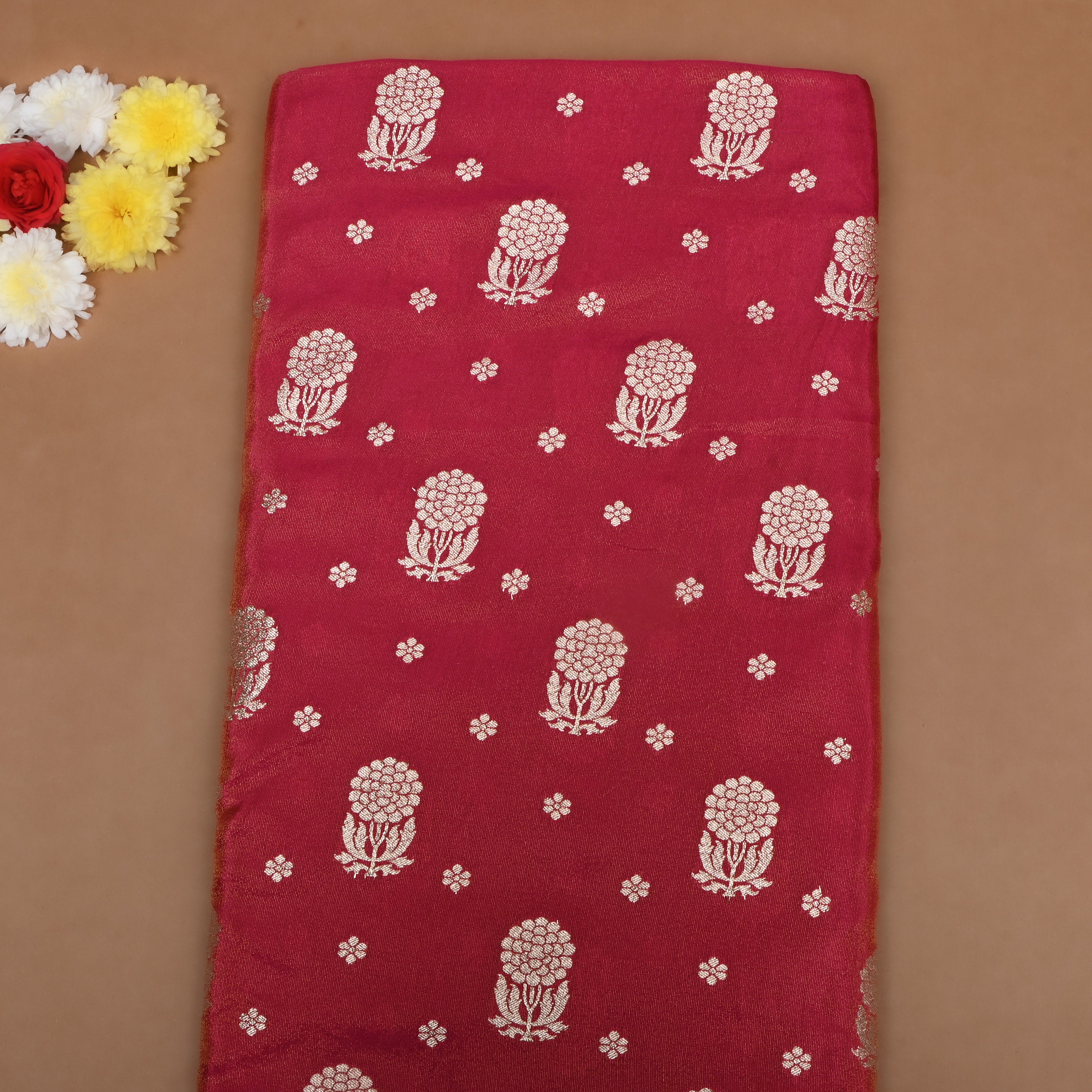 Crimson Pink Floral Jamawar Tissue Fabric