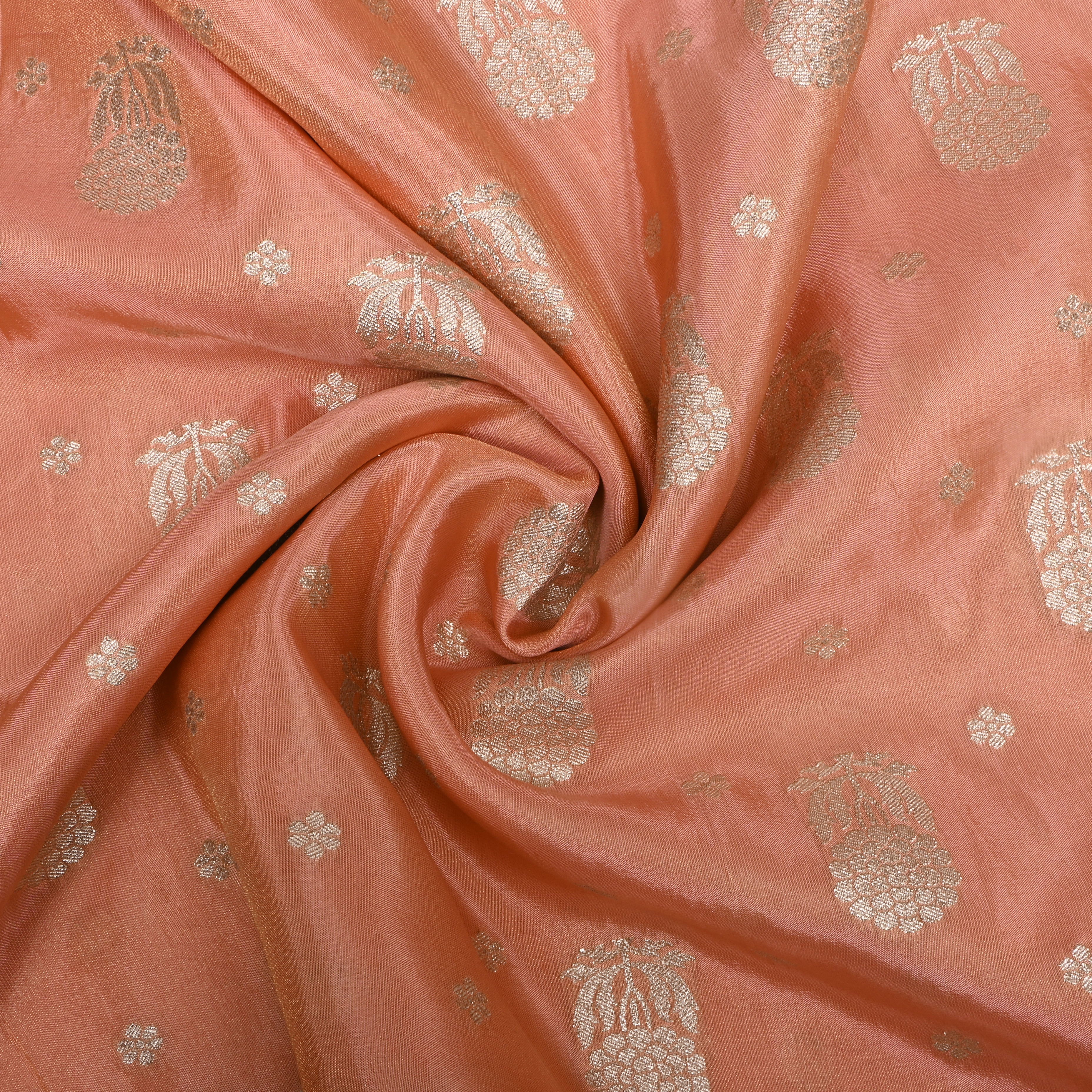 Peach Floral Jamawar Silk Tissue Fabric