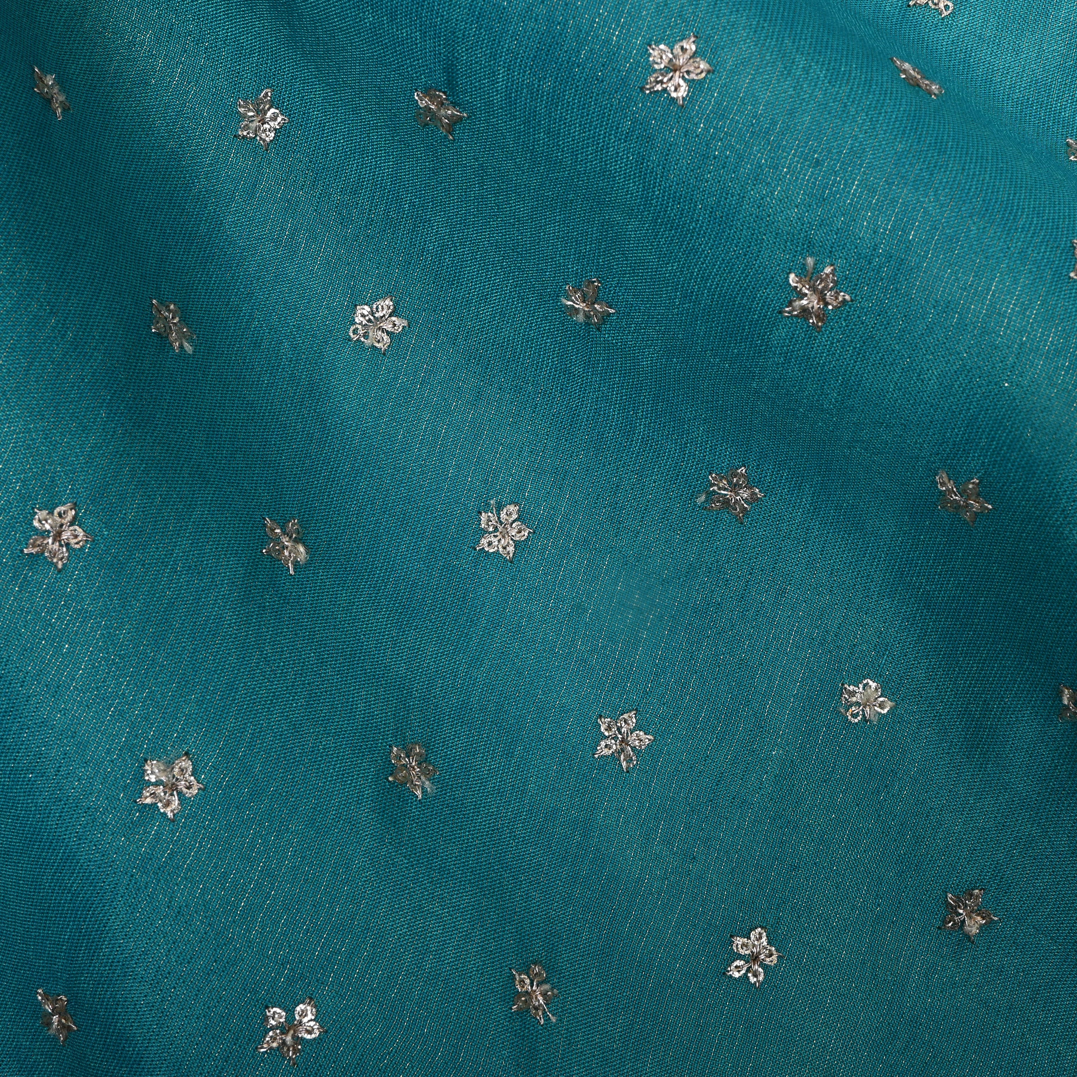 Turquoise Blue Floral Embroidered Tissue Fabric