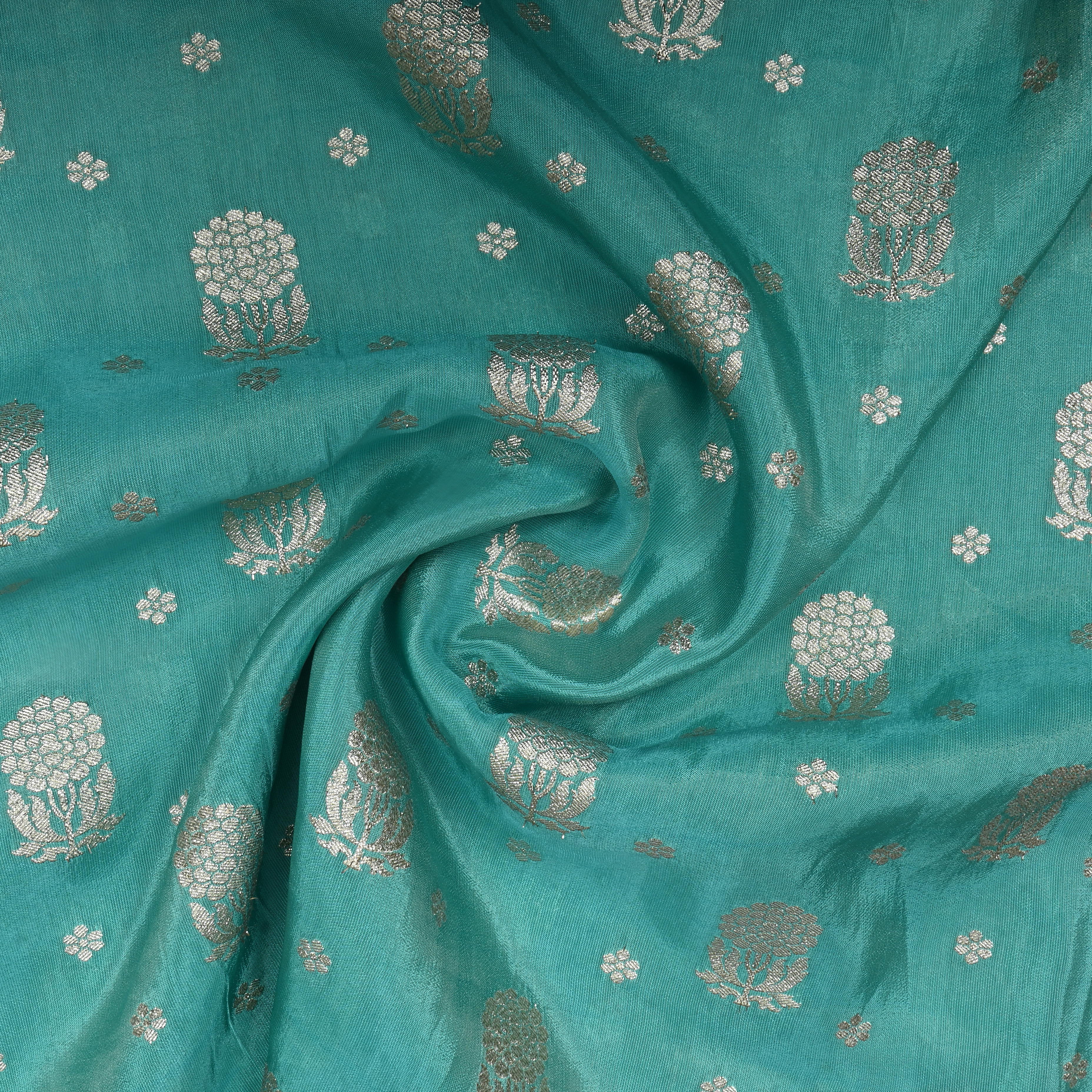 Turquoise Blue Floral Jamawar Tissue Fabric