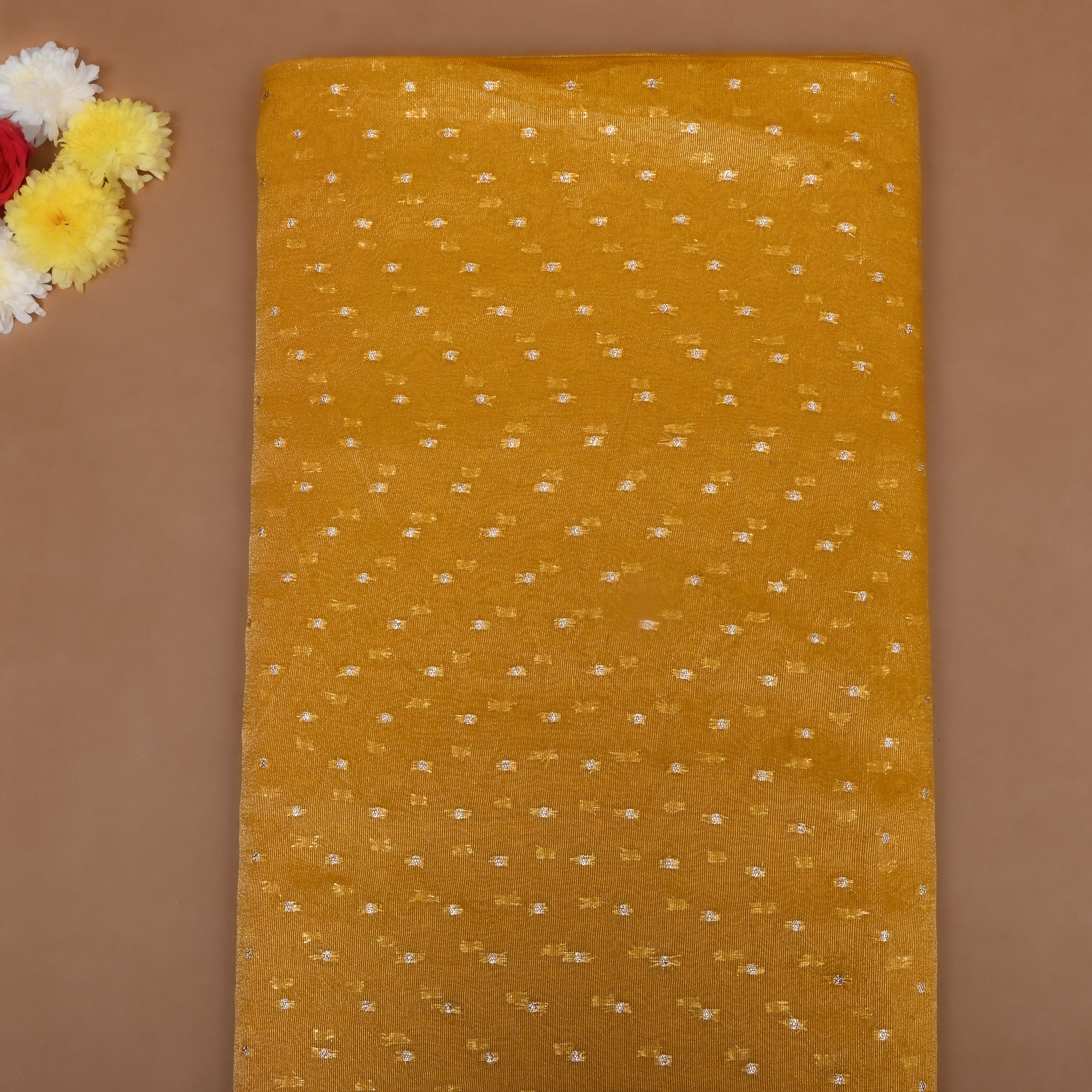Bright Yellow Zari Buttis Tissue Fabric