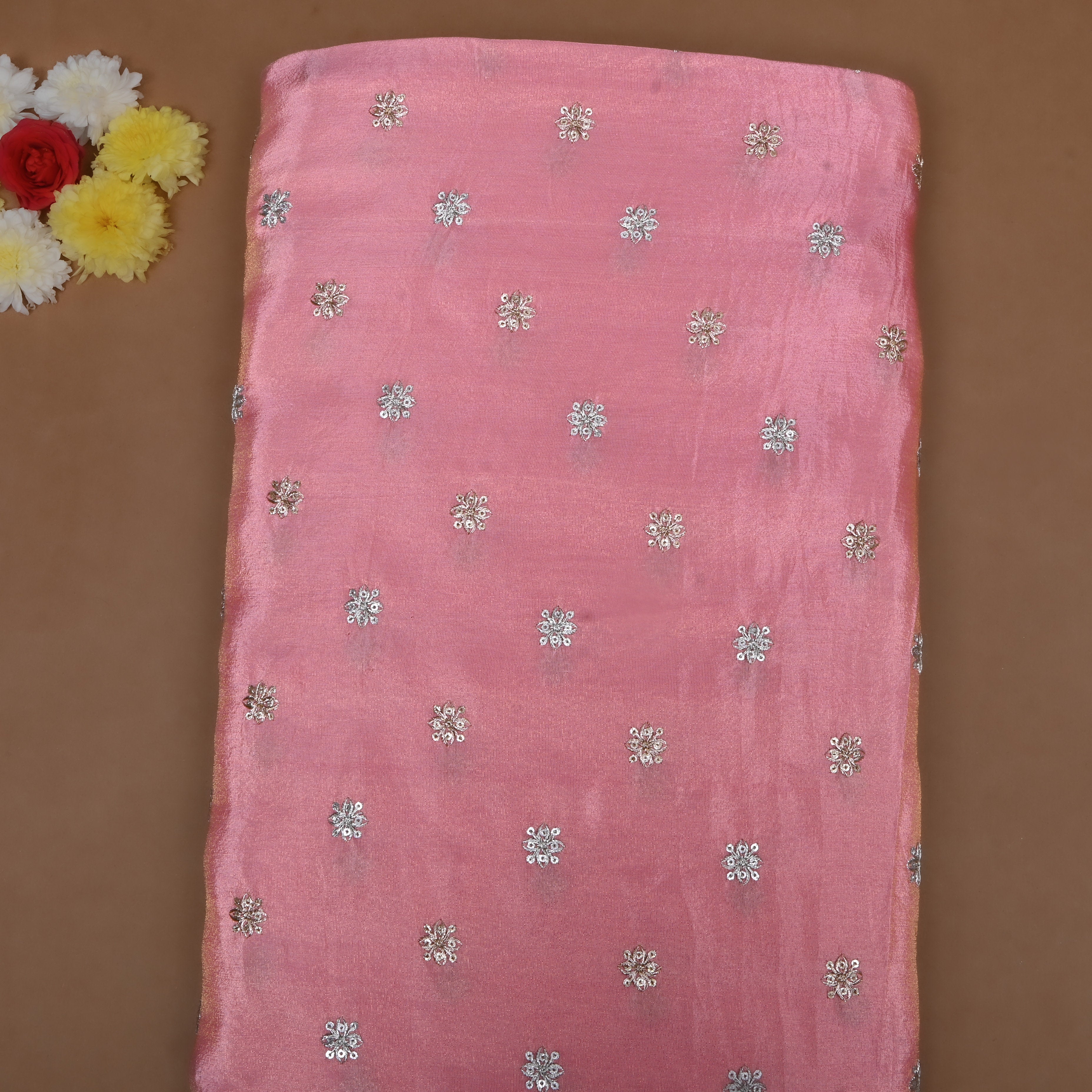 Baby Pink Zari Embroidered Tissue Fabric