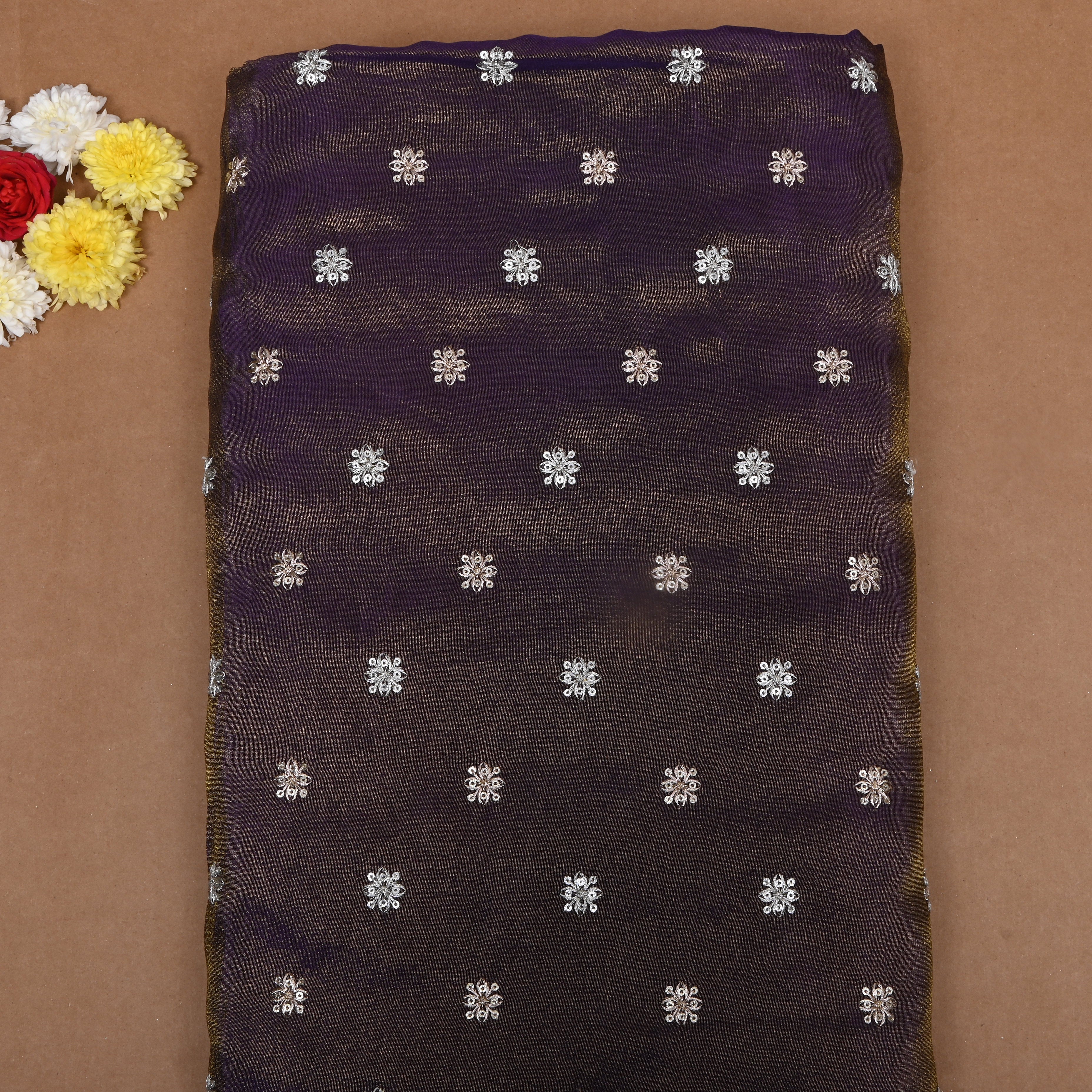 Deep Purple Zari Embroidered Tissue Fabric