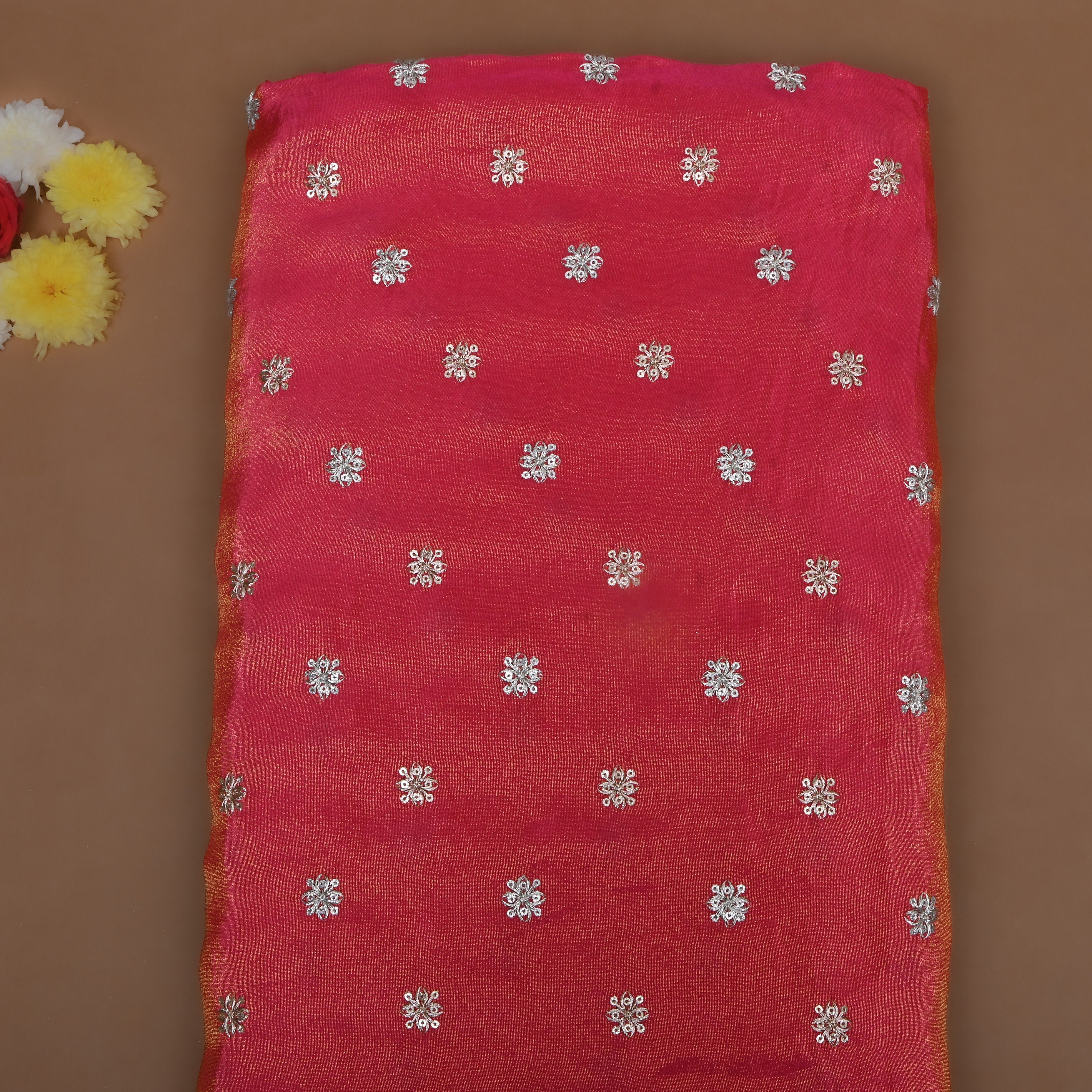 Crimson Pink Zari Embroidered Tissue Fabric