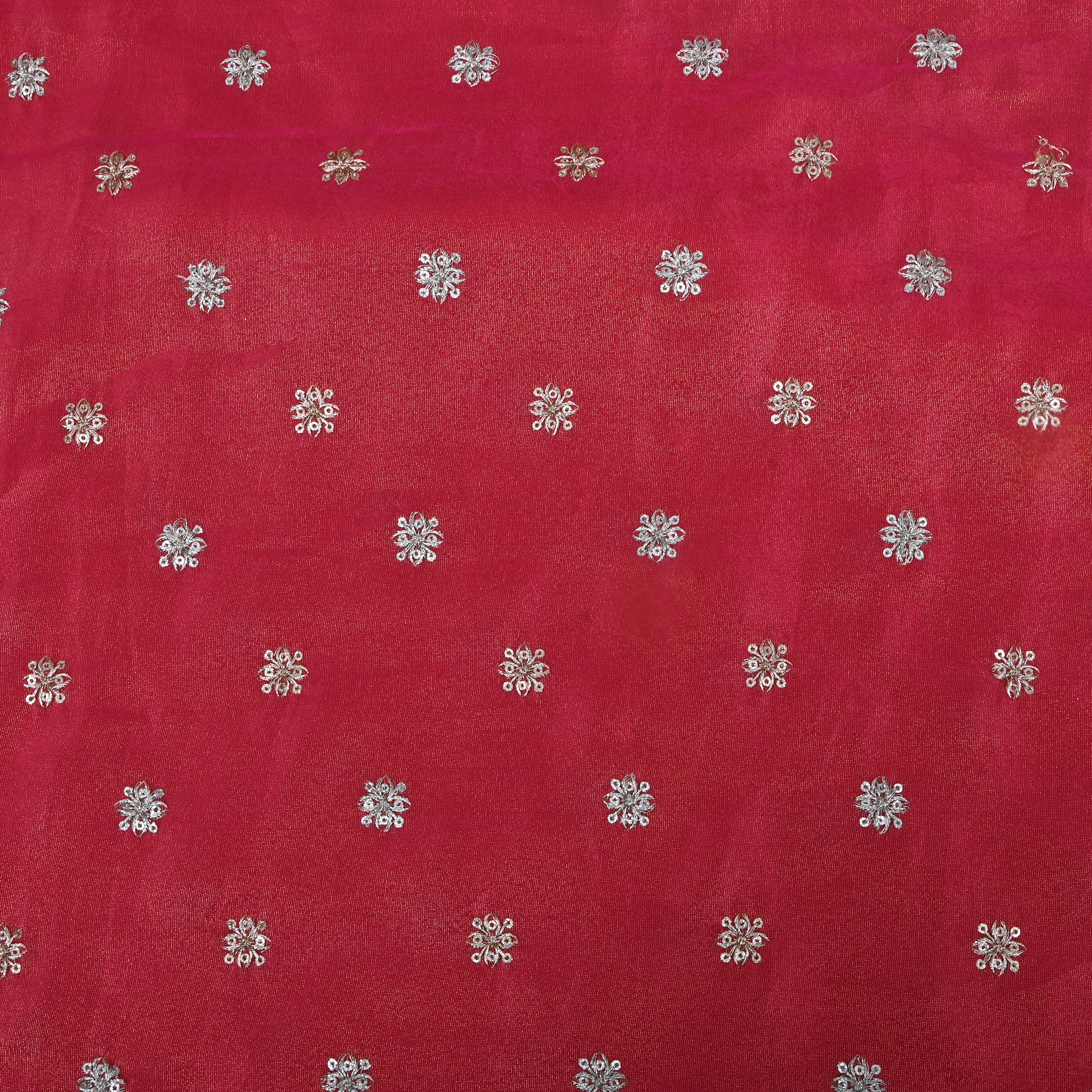 Crimson Pink Zari Embroidered Tissue Fabric