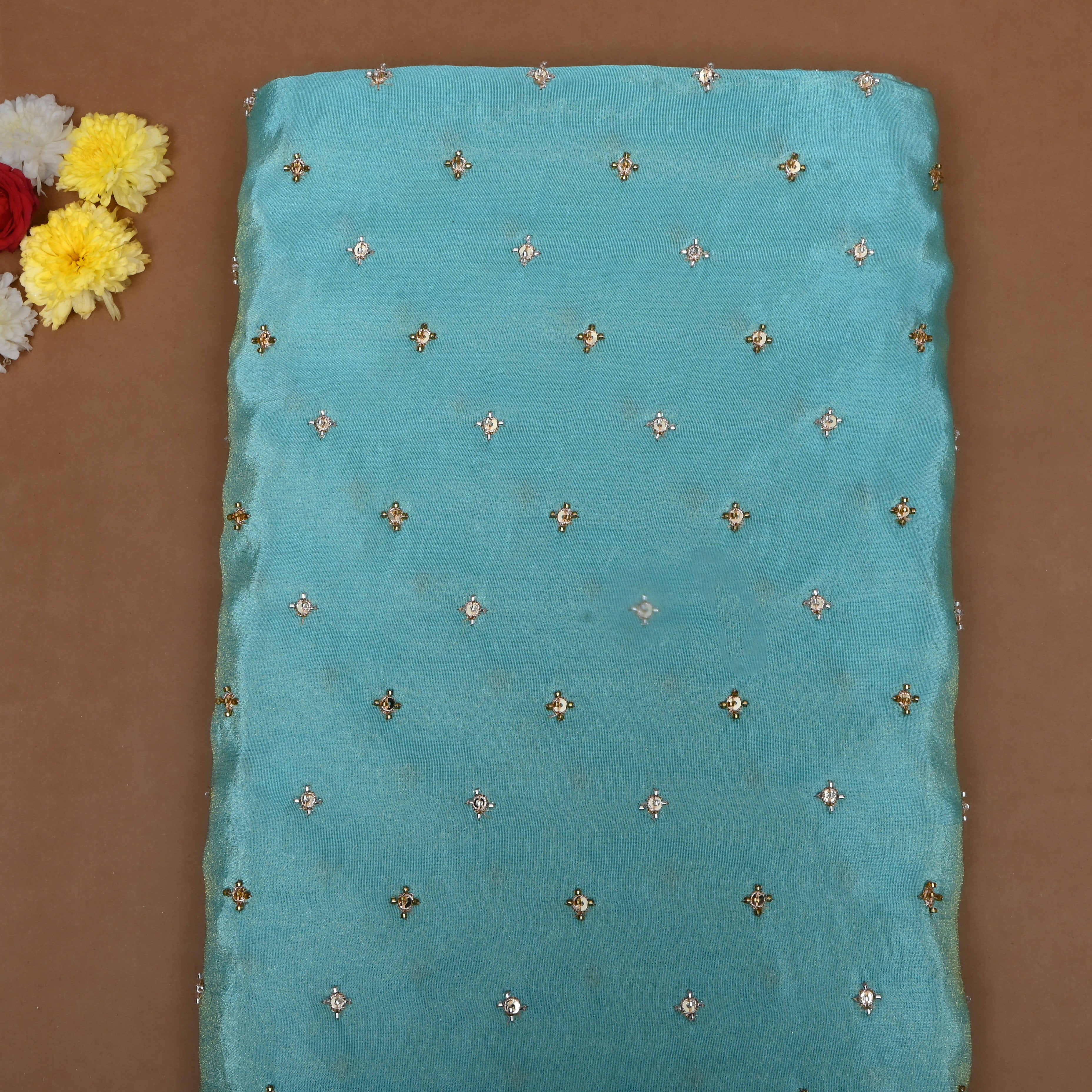 Turquoise Blue Bead Work Tissue Fabric