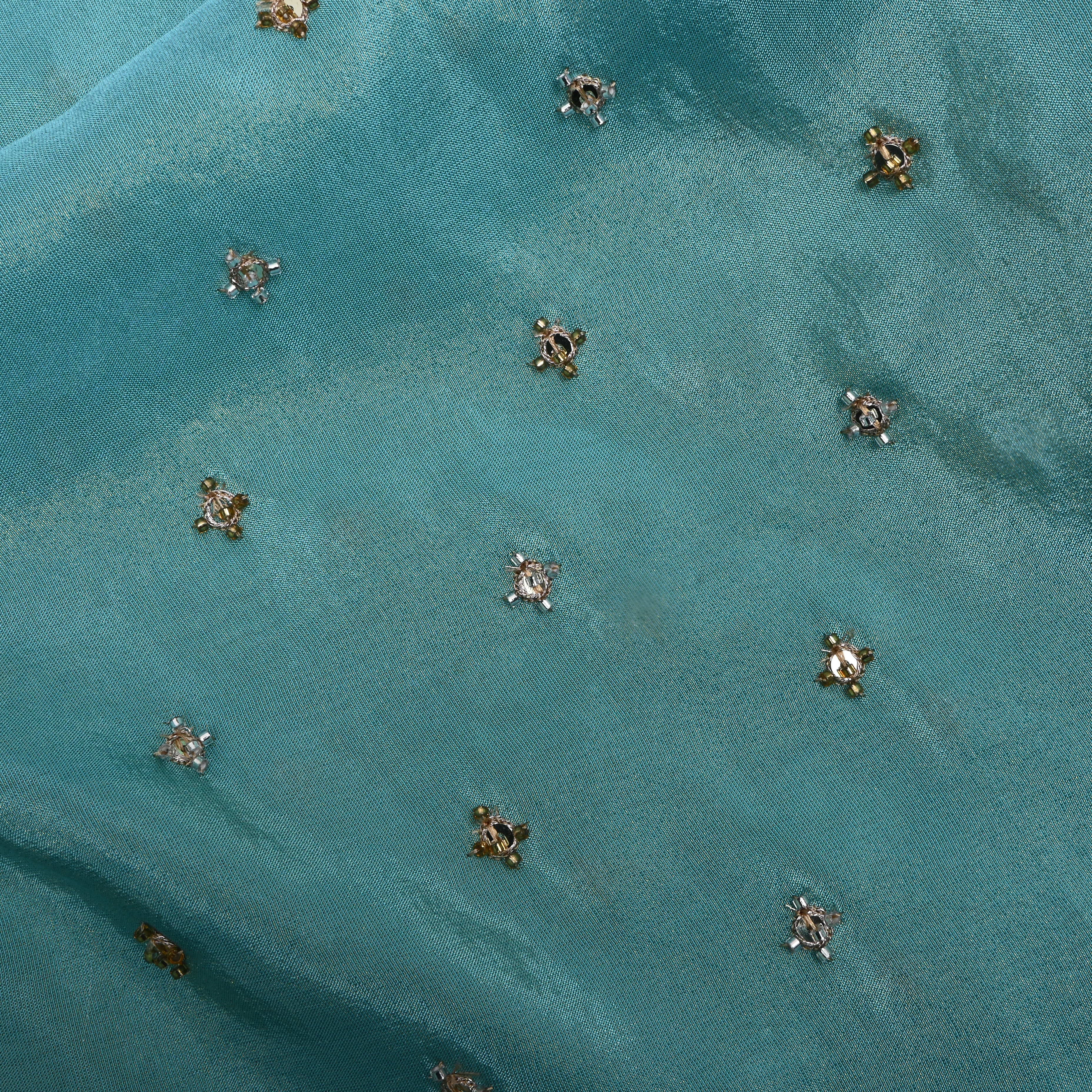 Turquoise Blue Bead Work Tissue Fabric