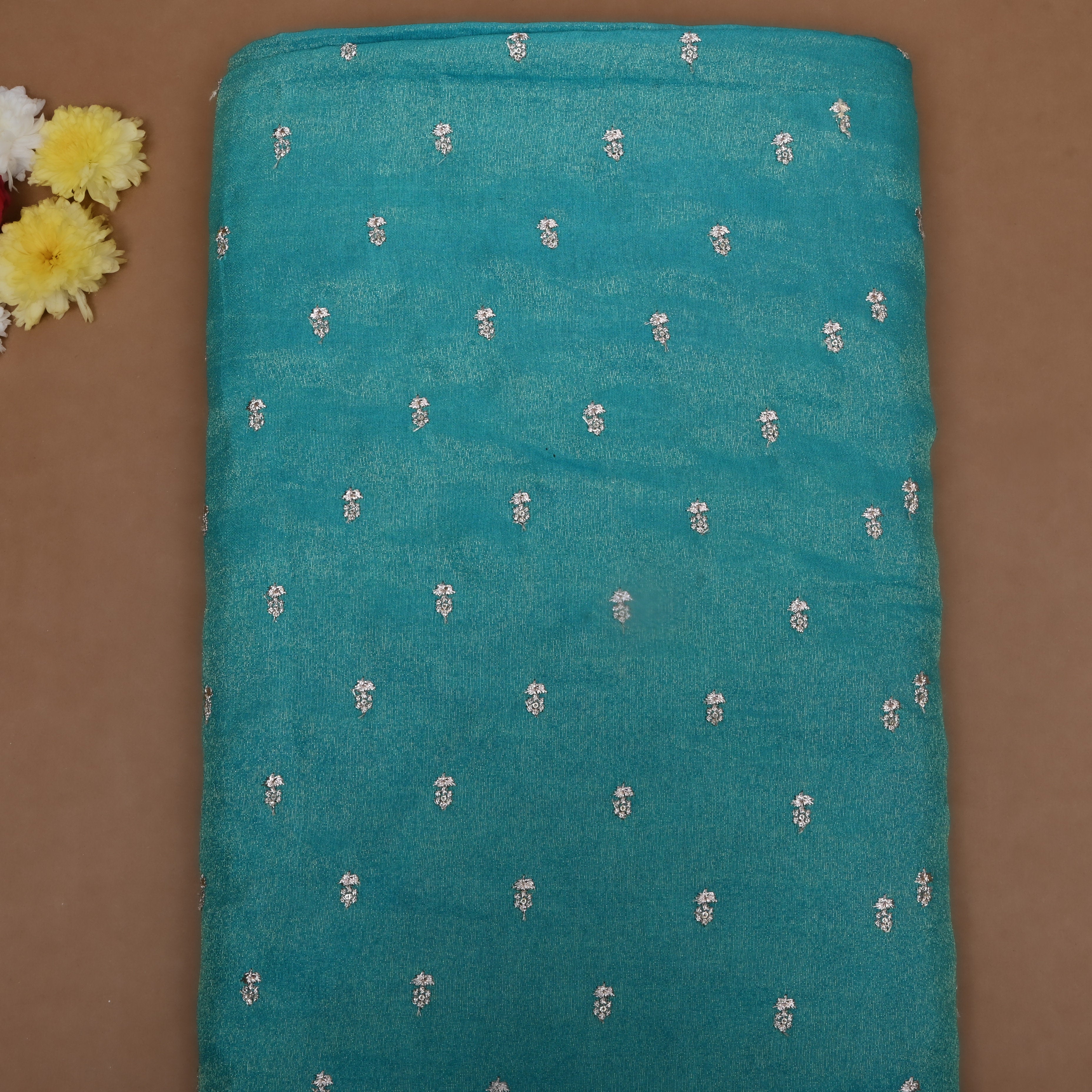 Teal Blue Embroidered Floral Tissue Fabric