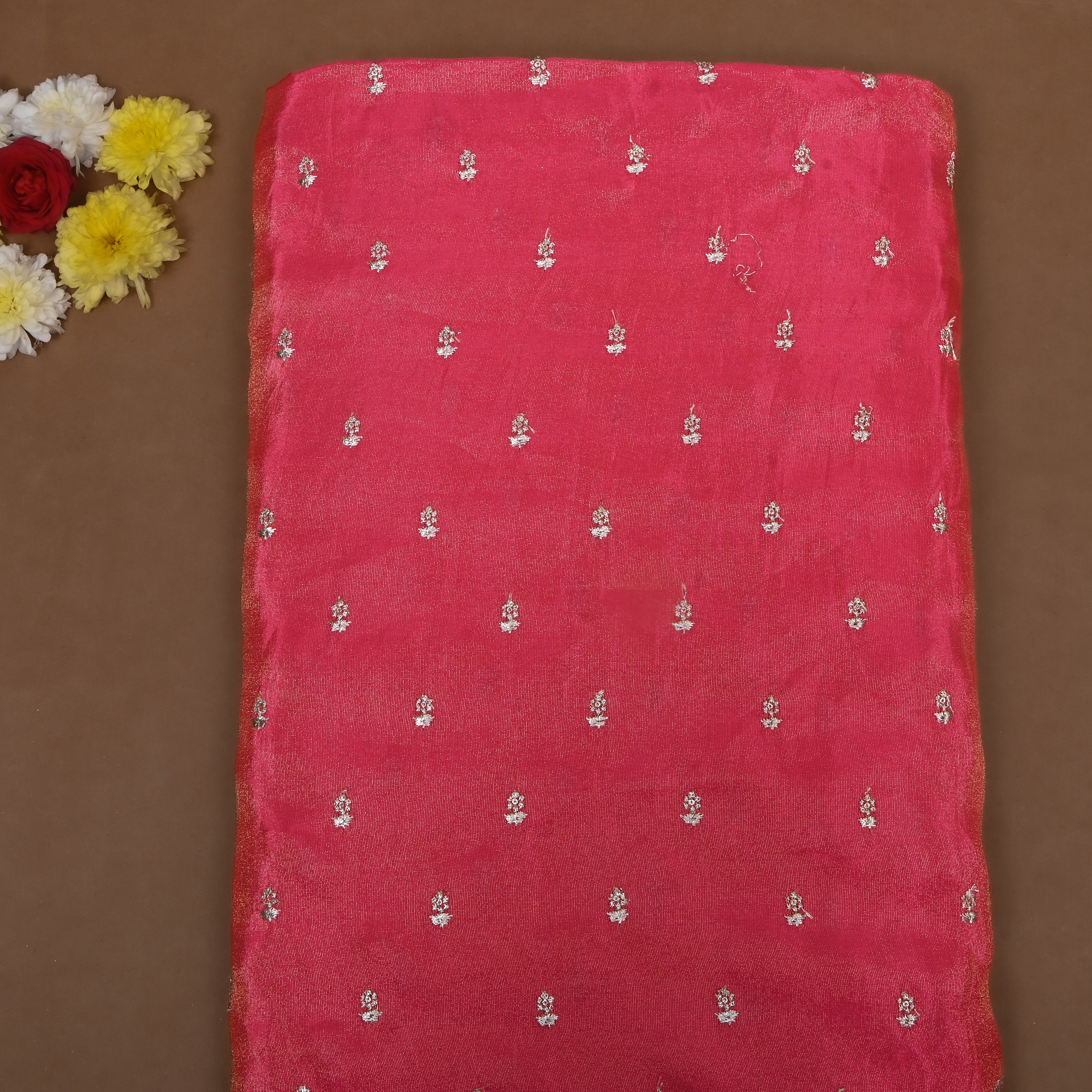 Crimson Pink Embroidered Floral Tissue Fabric