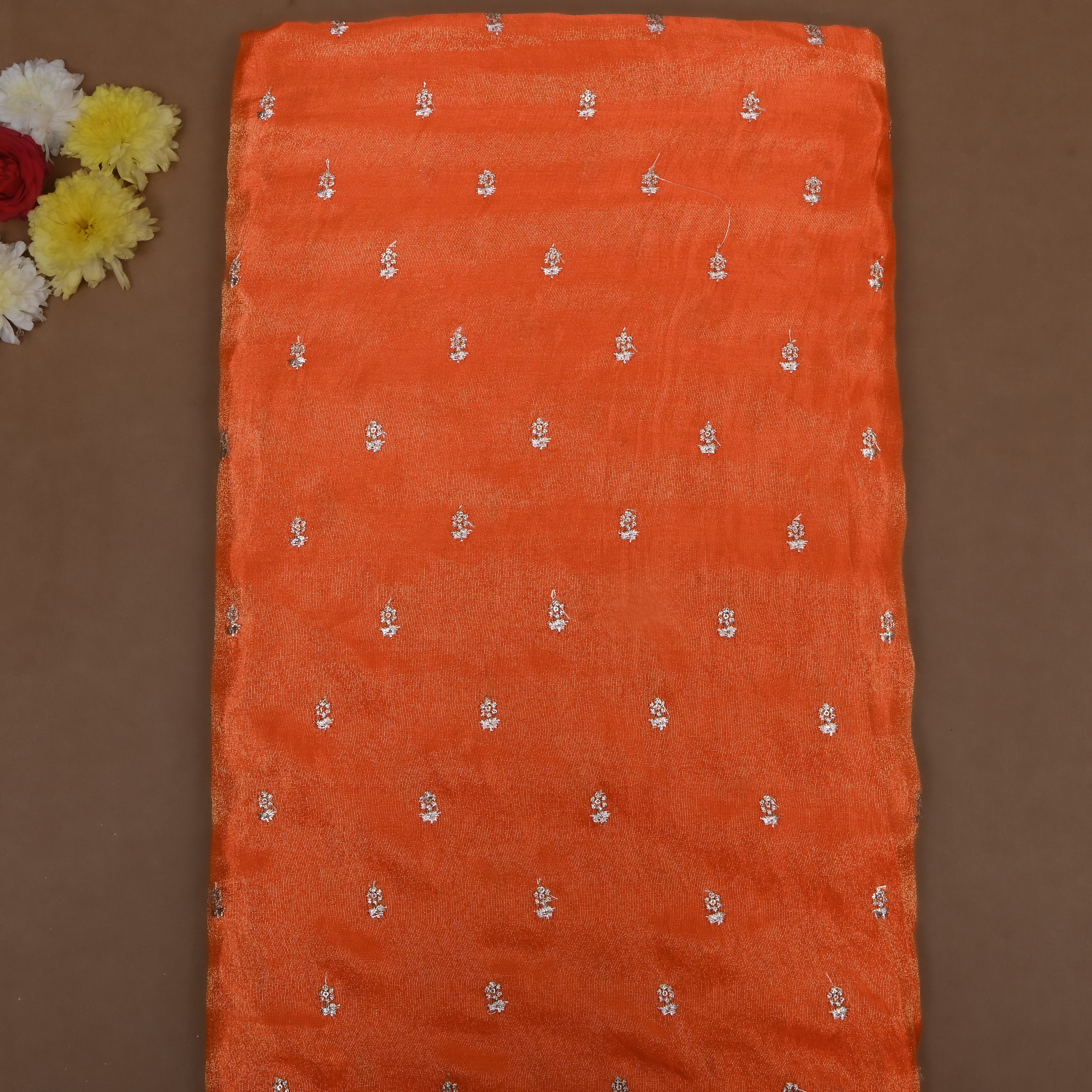 Bright Orange Floral Embroidered Tissue Fabric