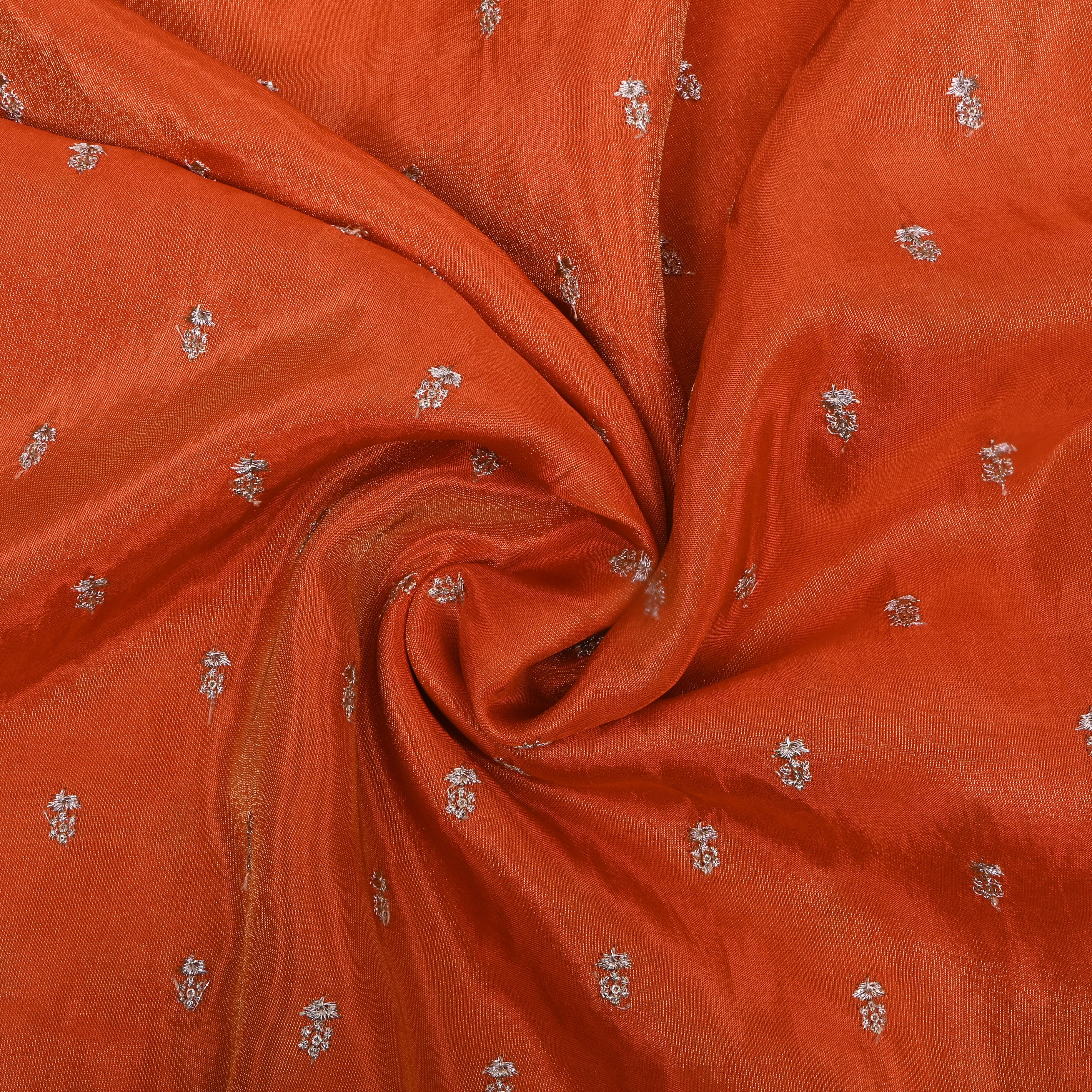 Bright Orange Floral Embroidered Tissue Fabric