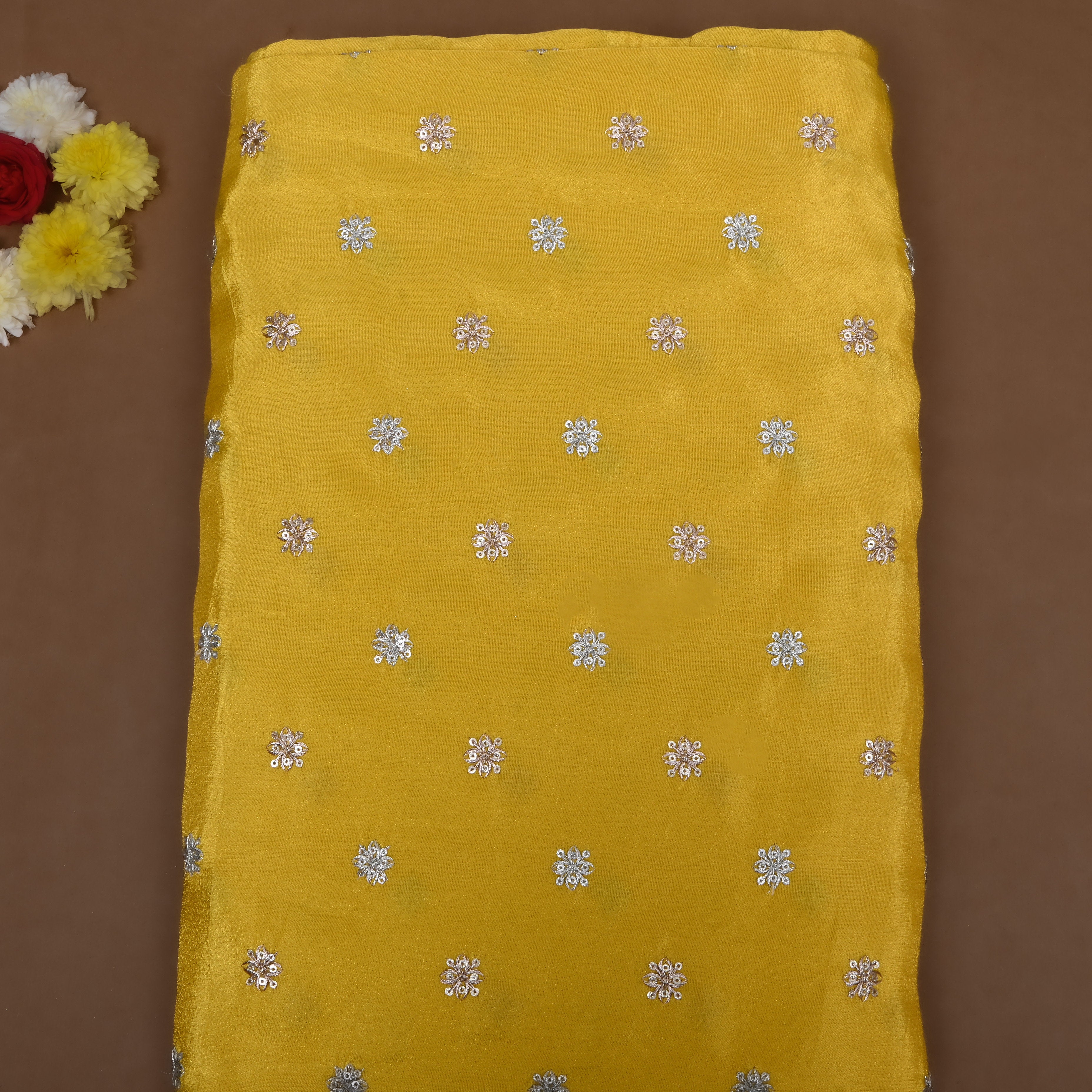 Bright Yellow Zari Embroidered Tissue Fabric
