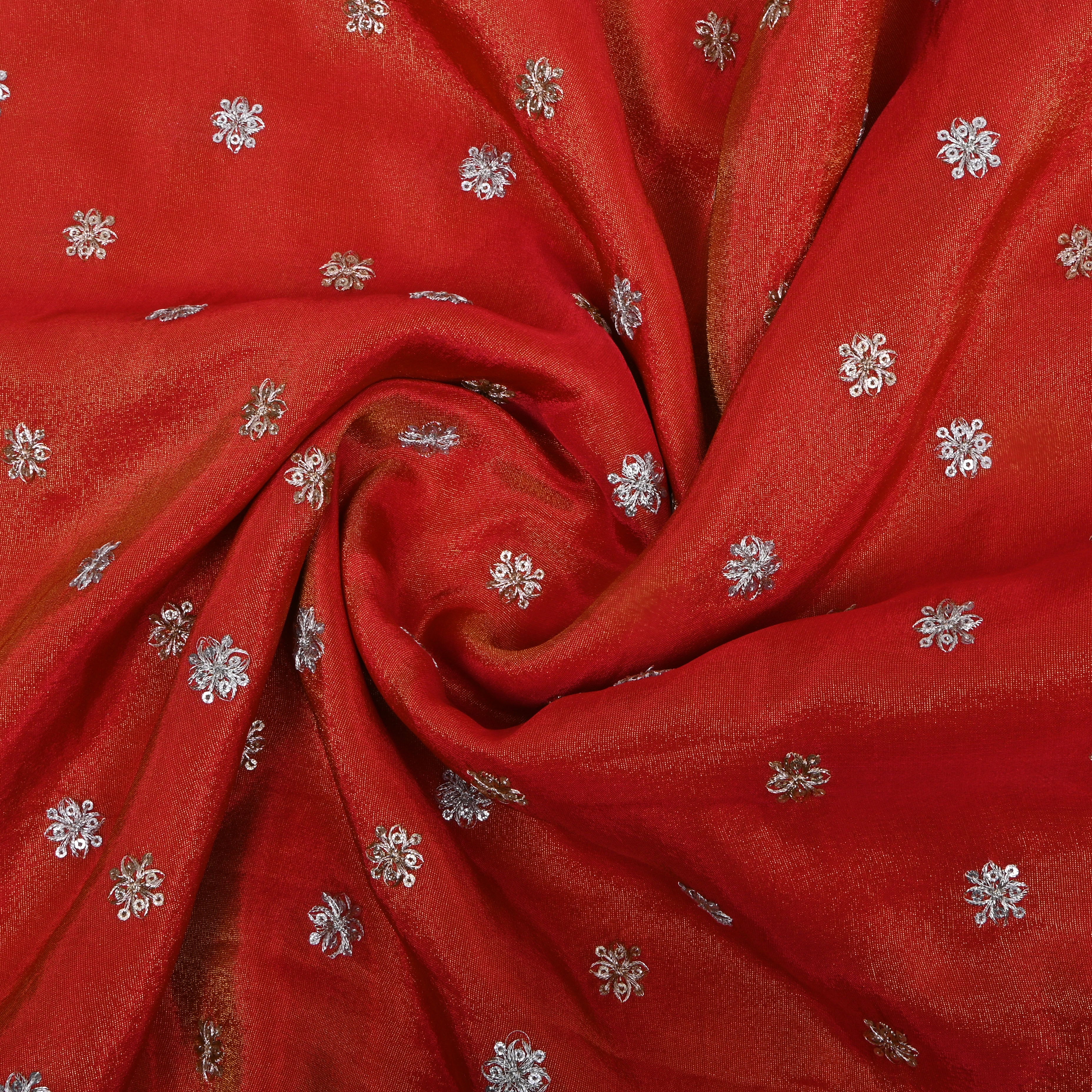 Bright Orange Zari Embroidered Tissue Fabric